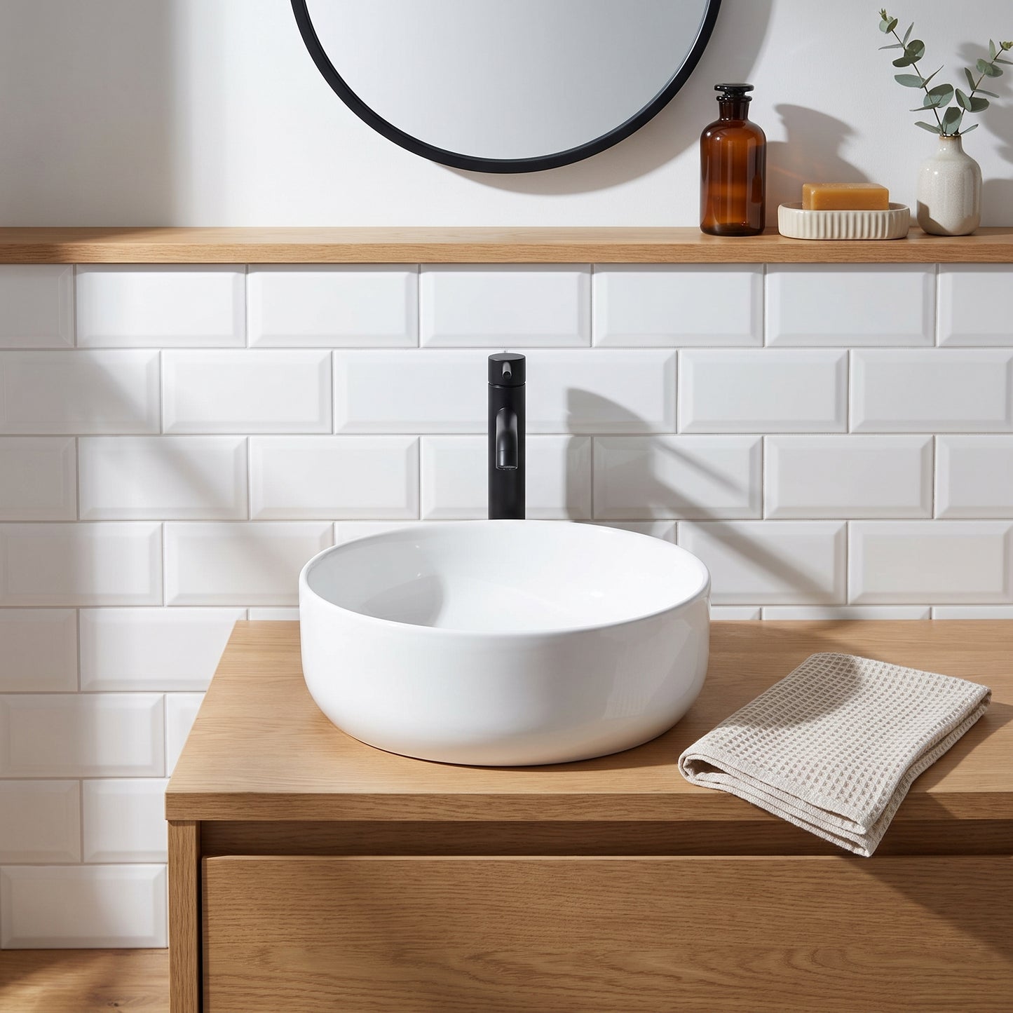 Fairford Finesse 0TH, 350 x 350 x 120mm Round Vessel — White Tile & Light Wood lifestyle