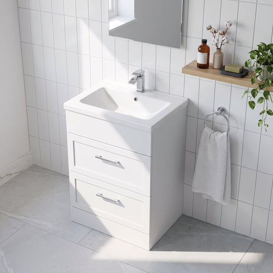 Fairford Union Style Shaker Matt White 600mm Full Depth 2 Drawer Vanity Unit