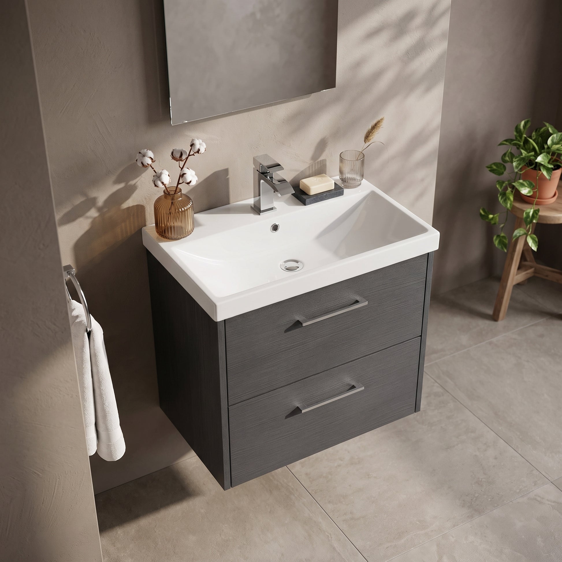 Fairford Anika 600mm Graphite Woodgrain 2 Drawer Wall Hung Vanity Unit