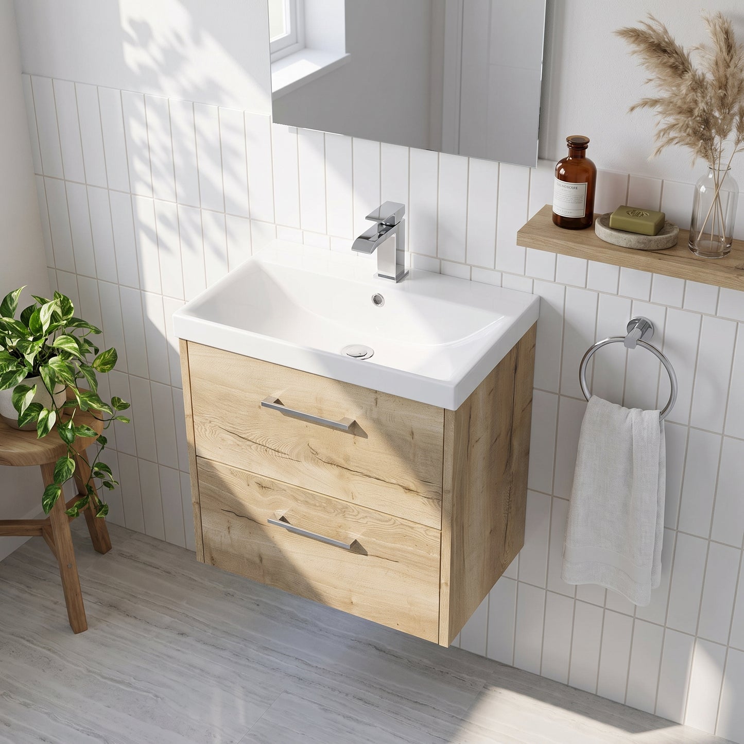 Fairford Anika 600mm Oak Woodgrain 2 Drawer Wall Hung Vanity Unit