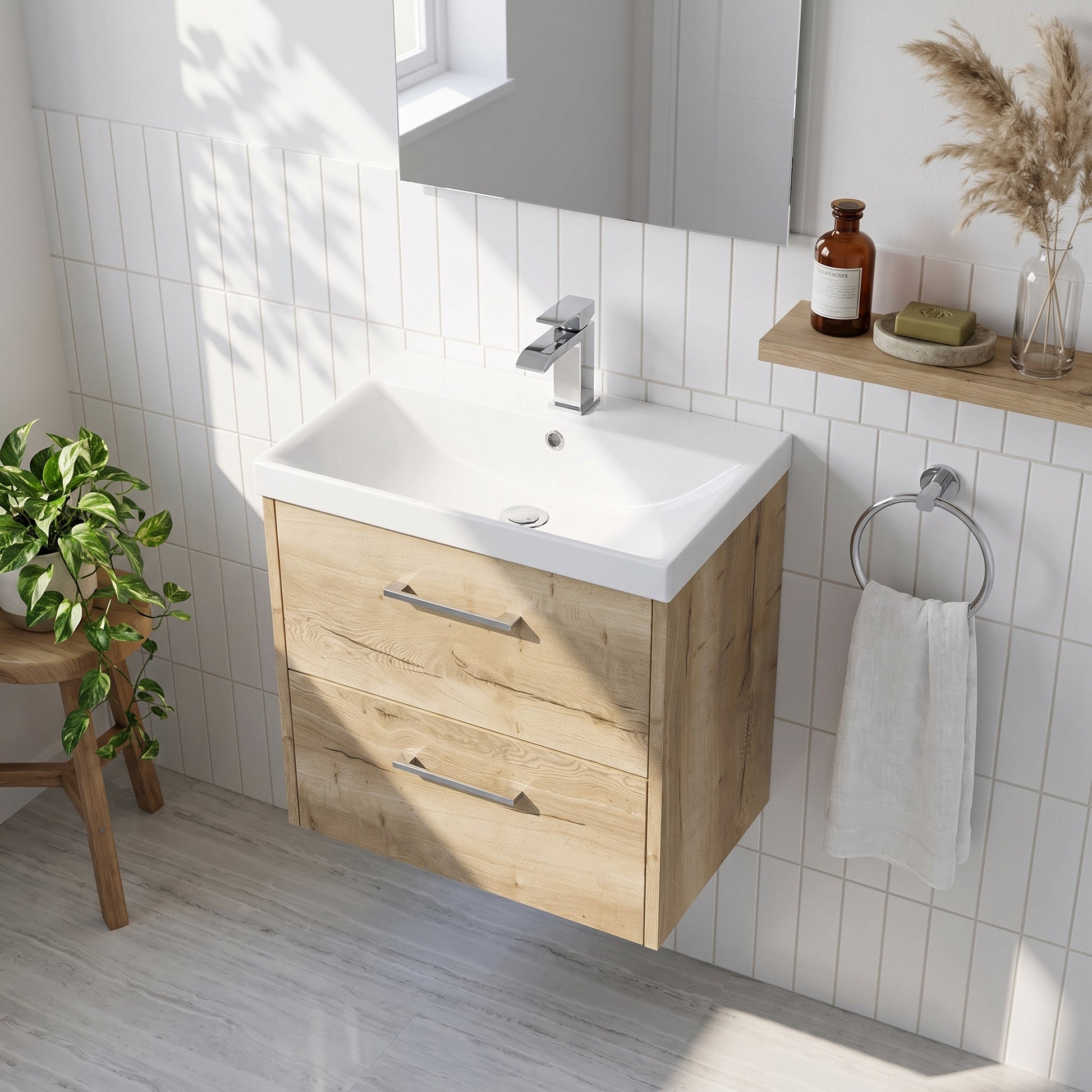Fairford Anika 600mm Oak Woodgrain 2 Drawer Wall Hung Vanity Unit