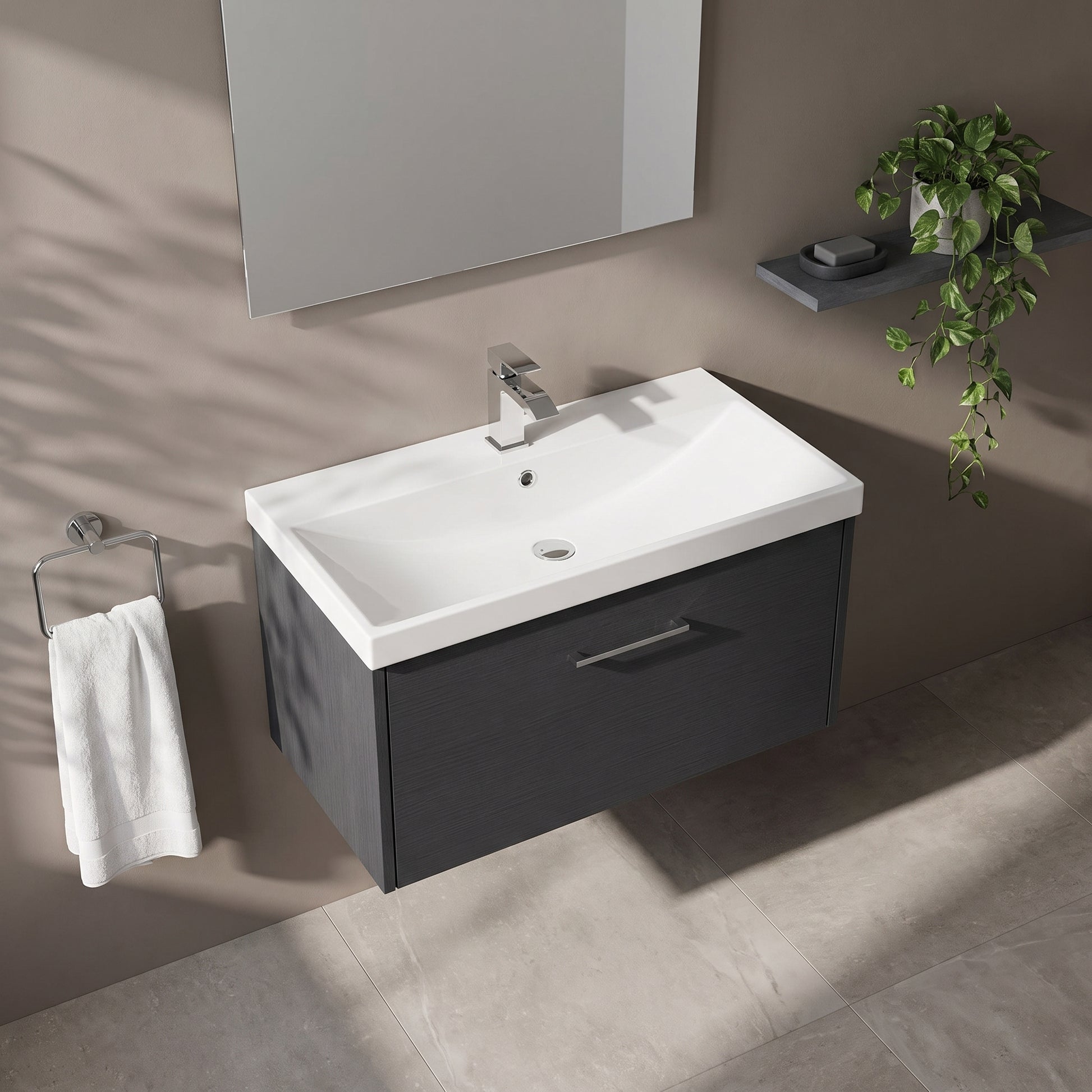 Fairford Anika 800mm Graphite Woodgrain 1 Drawer Wall Hung Vanity Unit