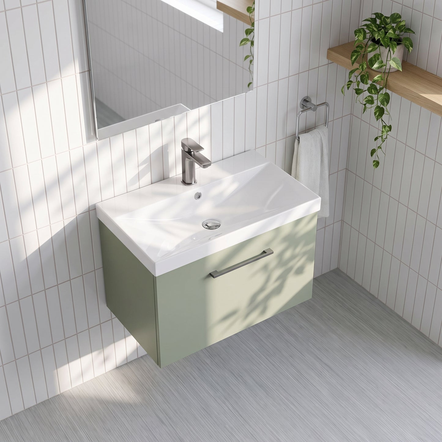 Fairford Aspri 600mm Satin Green Wall Hung Vanity Unit, Thin Rimmed 40mm Basin