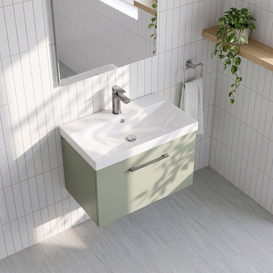 Fairford Aspri 600mm Satin Green Wall Hung Vanity Unit, Thin Rimmed 40mm Basin