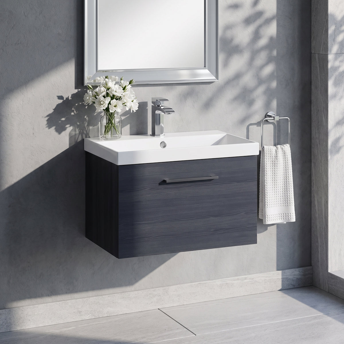 Fairford Aspri Black Woodgrain 600mm 1 Drawer Wall Hung Vanity Unit