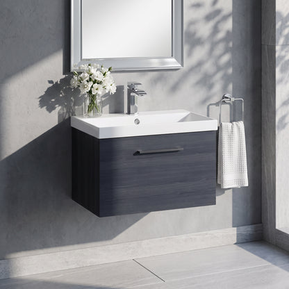 Fairford Aspri Black Woodgrain 600mm 1 Drawer Wall Hung Vanity Unit