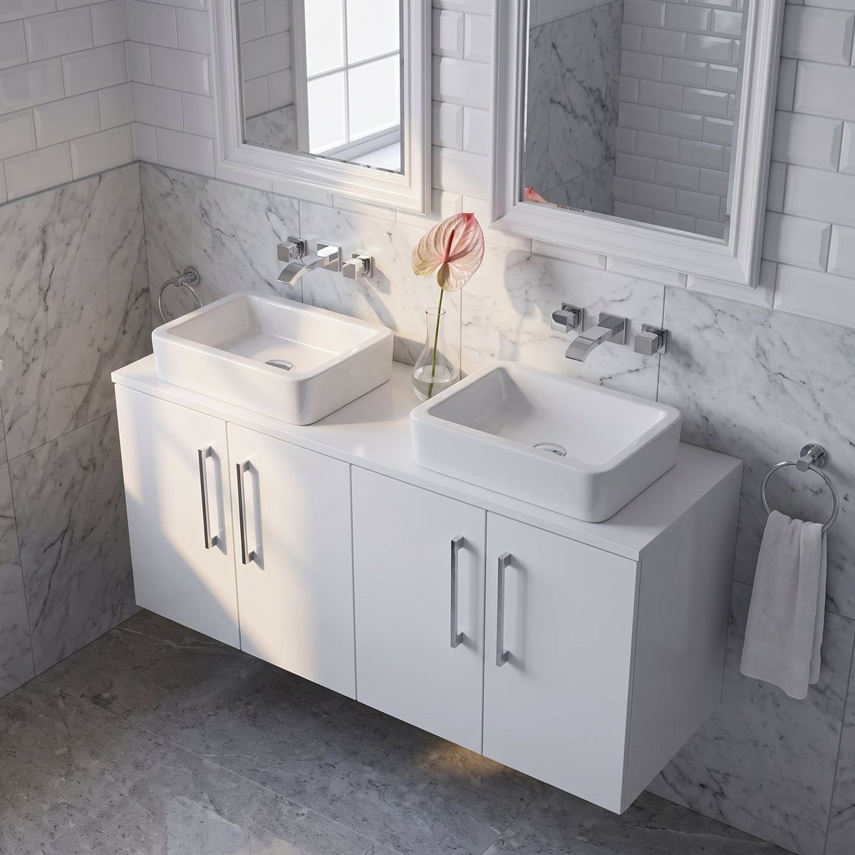Fairford Aspri Gloss White 1200mm 4 Door Wall Hung Vanity Unit with Worktop