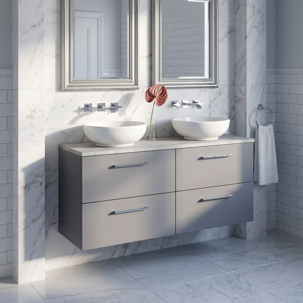Fairford Aspri Satin Grey 1200mm 4 Drawer Wall Hung Vanity Unit with Worktop