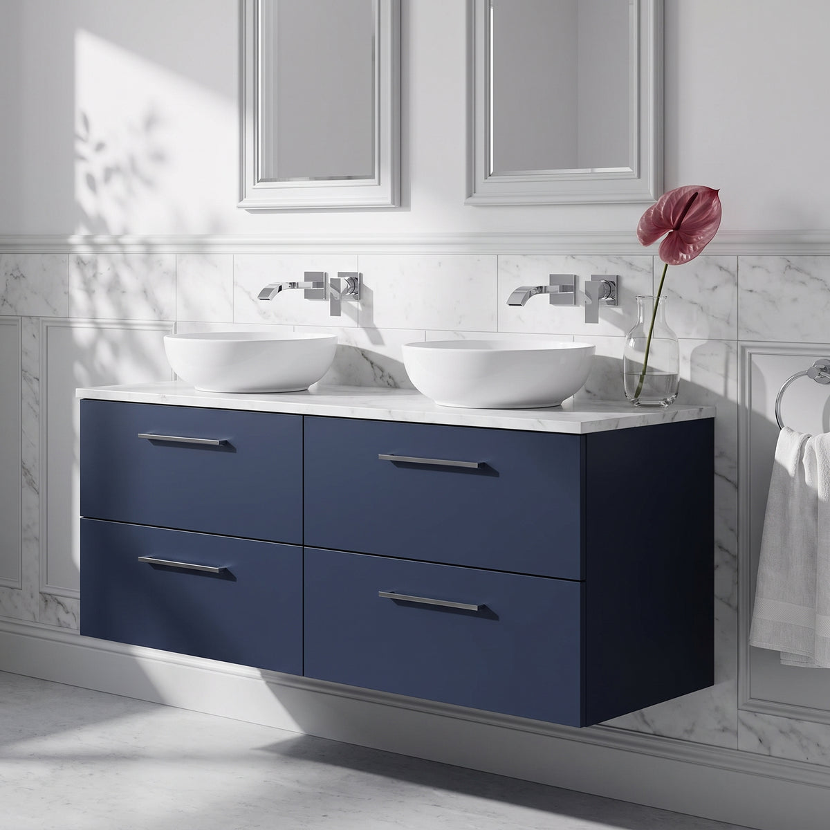 Fairford Aspri Midnight Blue 1200mm 4 Drawer Wall Hung Vanity Unit with Worktop