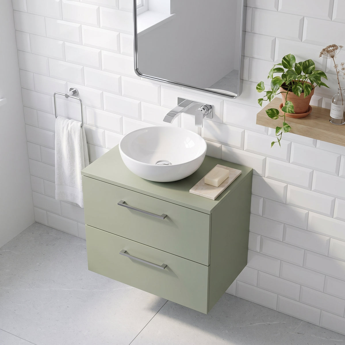 Fairford Aspri Satin Green 600mm 2 Drawer Wall Hung Vanity Unit with Worktop