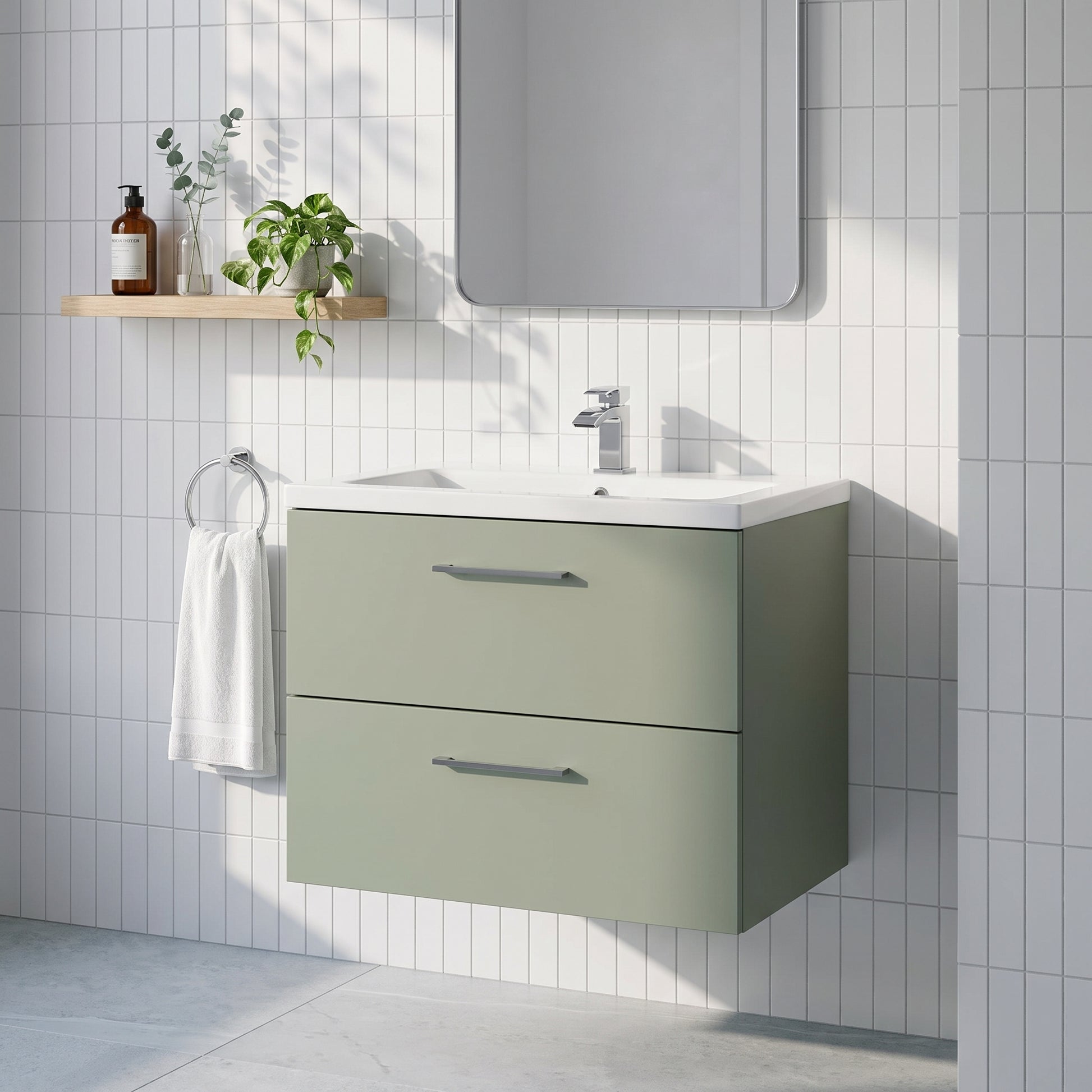 Fairford Aspri Satin Green 800mm 2 Drawer Wall Hung Vanity Unit with Worktop