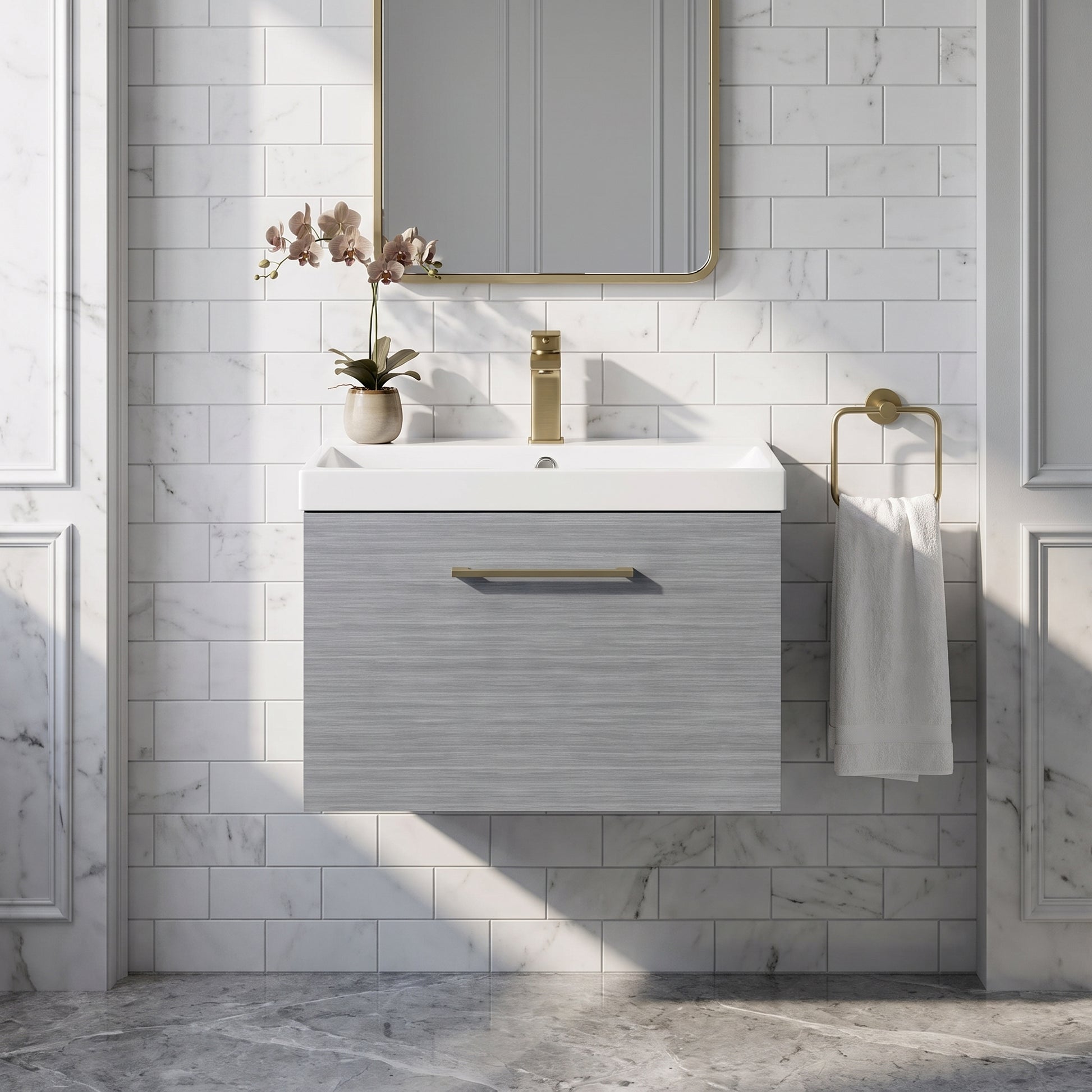 Fairford Aspri Grey Woodgrain 600mm 1 Drawer Wall Hung Vanity Unit