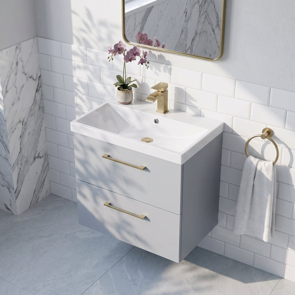 Fairford Aspri Satin Grey 600mm 2 Drawer Wall Hung Vanity Unit