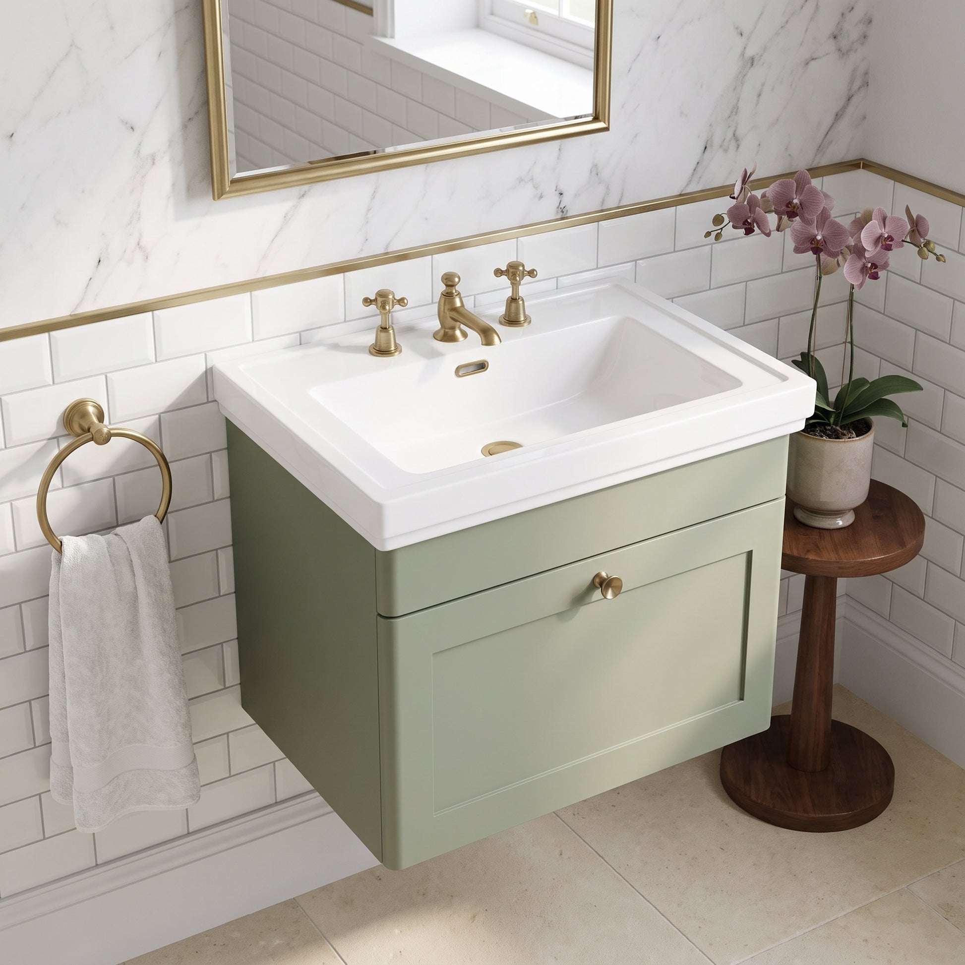Fairford Laurel 600mm Wall Hung Satin Green Vanity Unit - 3 Tap Hole