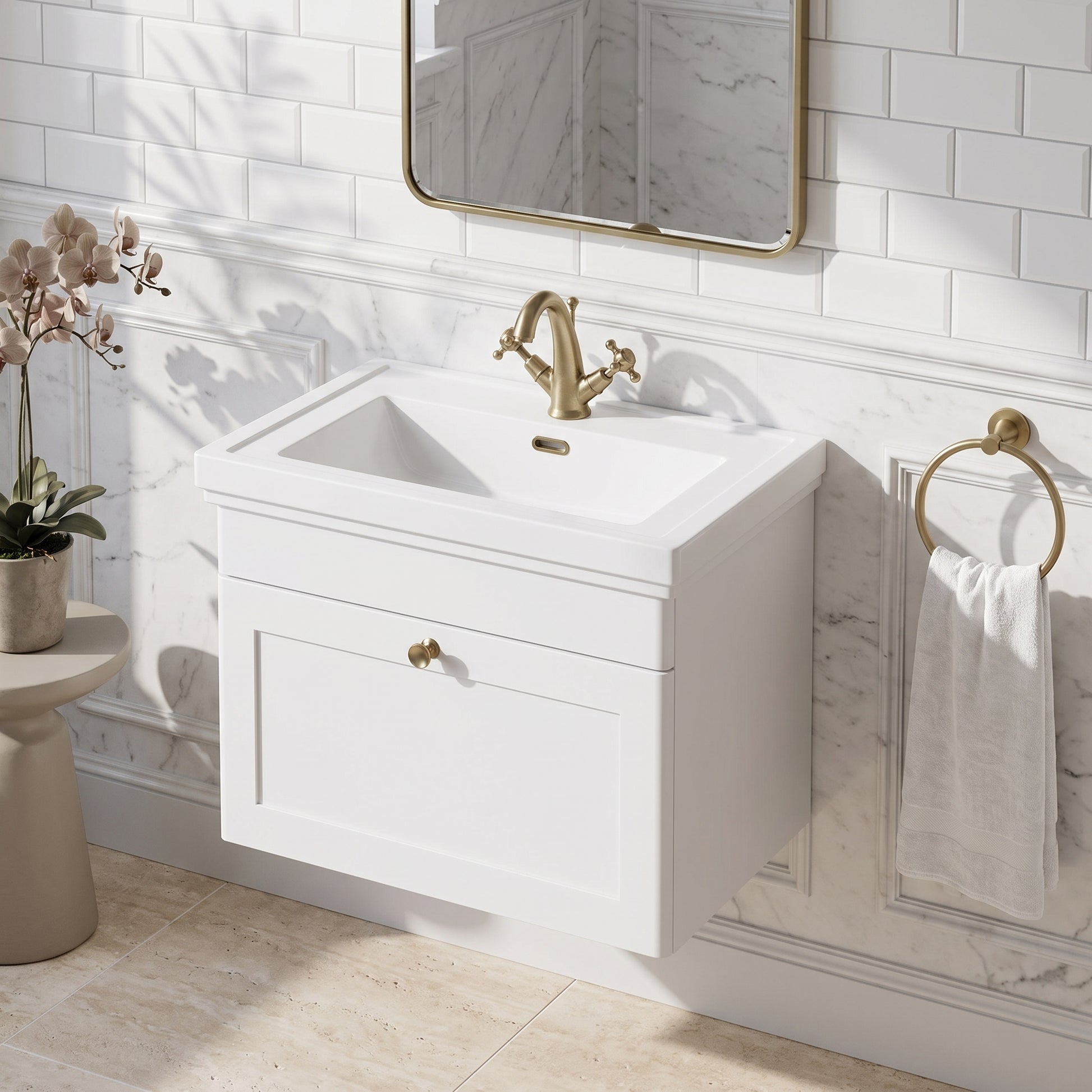 Fairford Laurel 600mm Wall Hung Satin White Vanity Unit - 1 Tap Hole