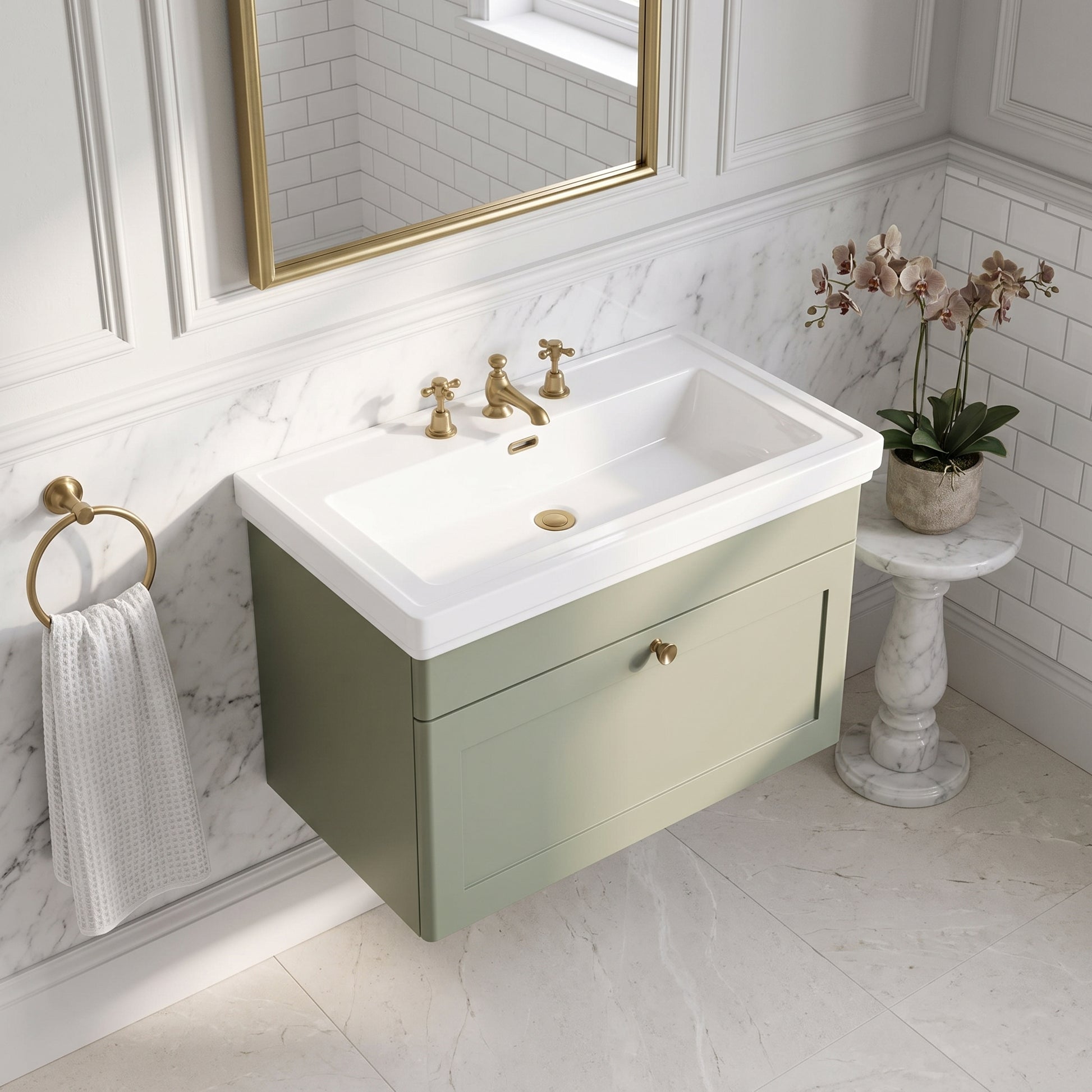 Fairford Laurel 800mm Wall Hung Satin Green Vanity Unit - 3 Tap Hole