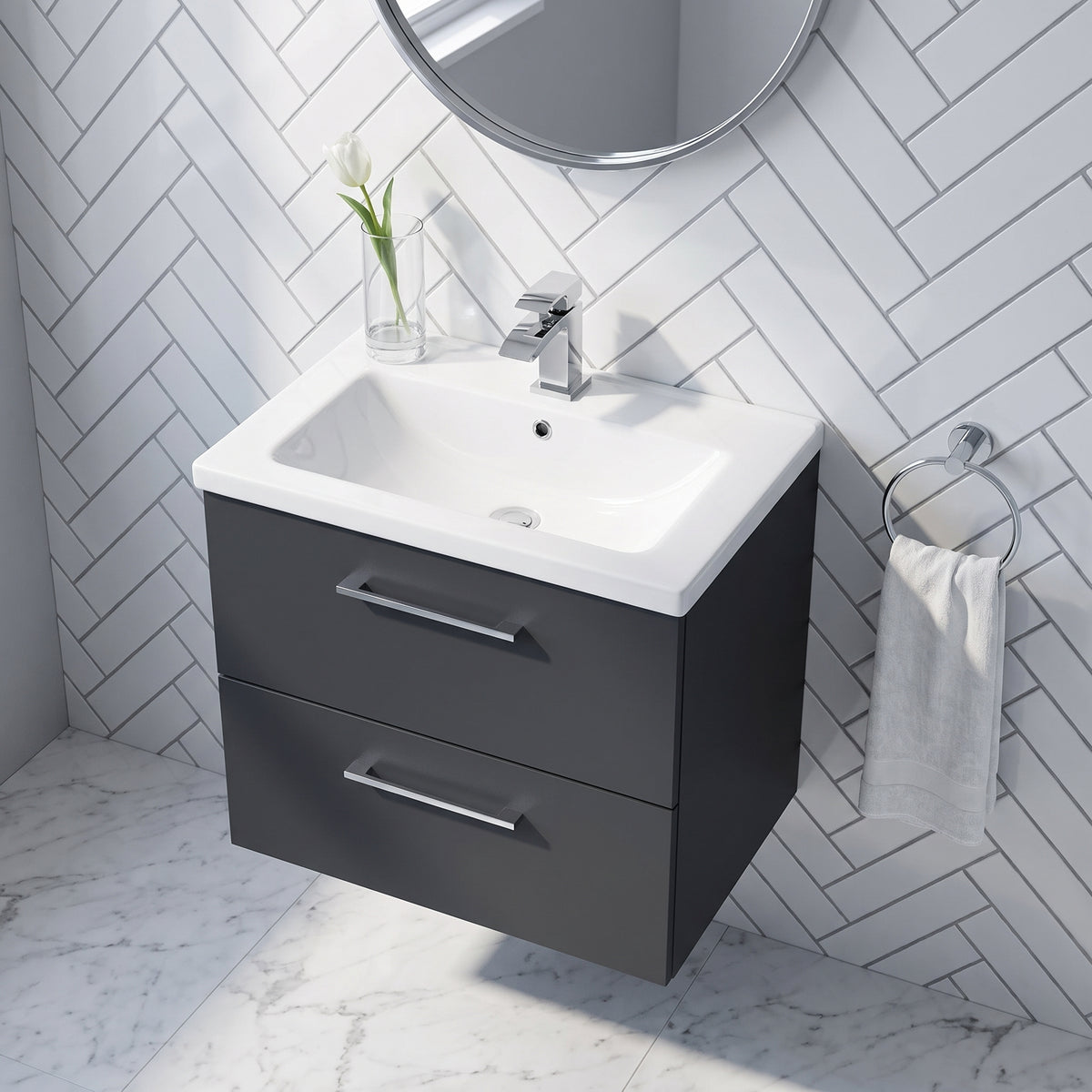 Fairford Aspri Soft Black 600mm 2 Drawer Wall Hung Vanity Unit