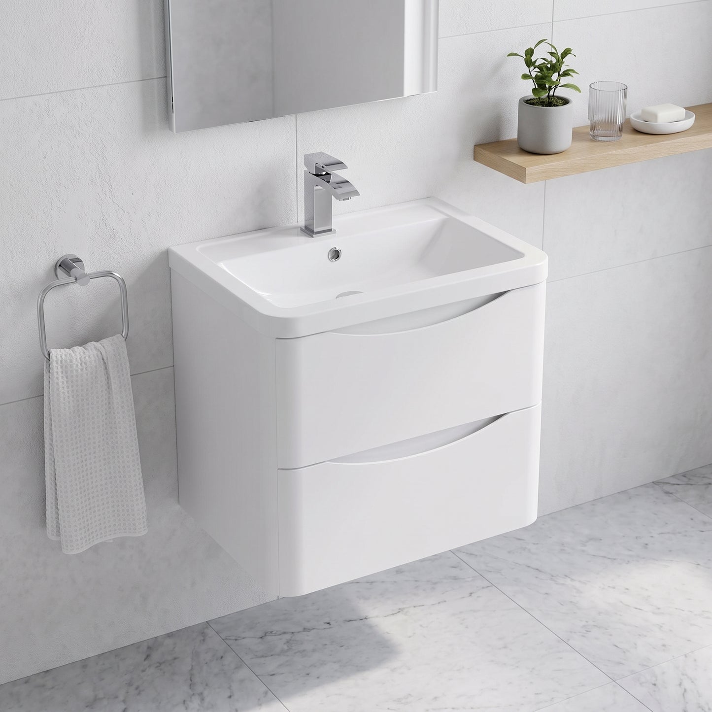 Fairford Eclipse 600mm 2 Drawer Satin White Wall Hung Vanity Unit