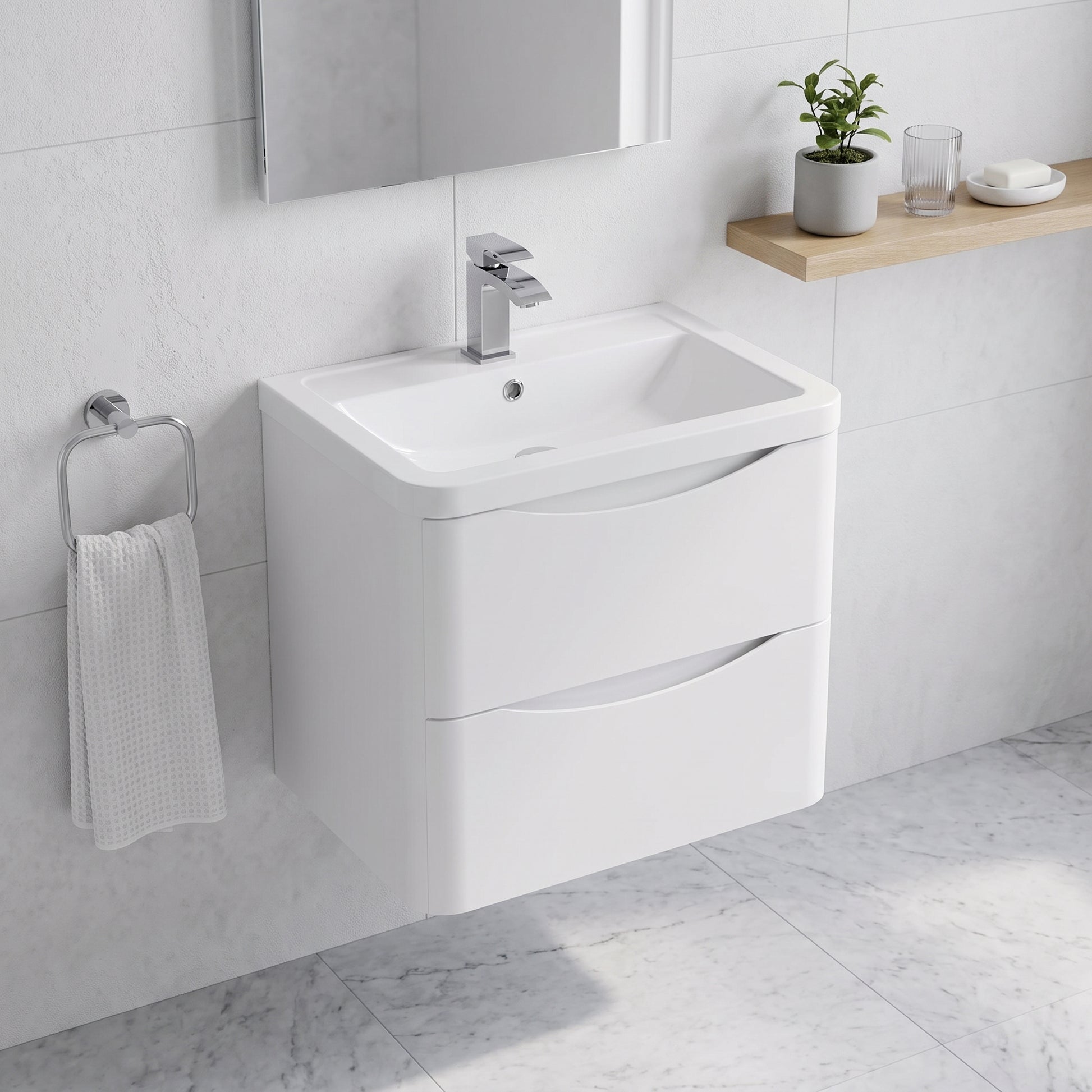 Fairford Eclipse 600mm 2 Drawer Satin White Wall Hung Vanity Unit