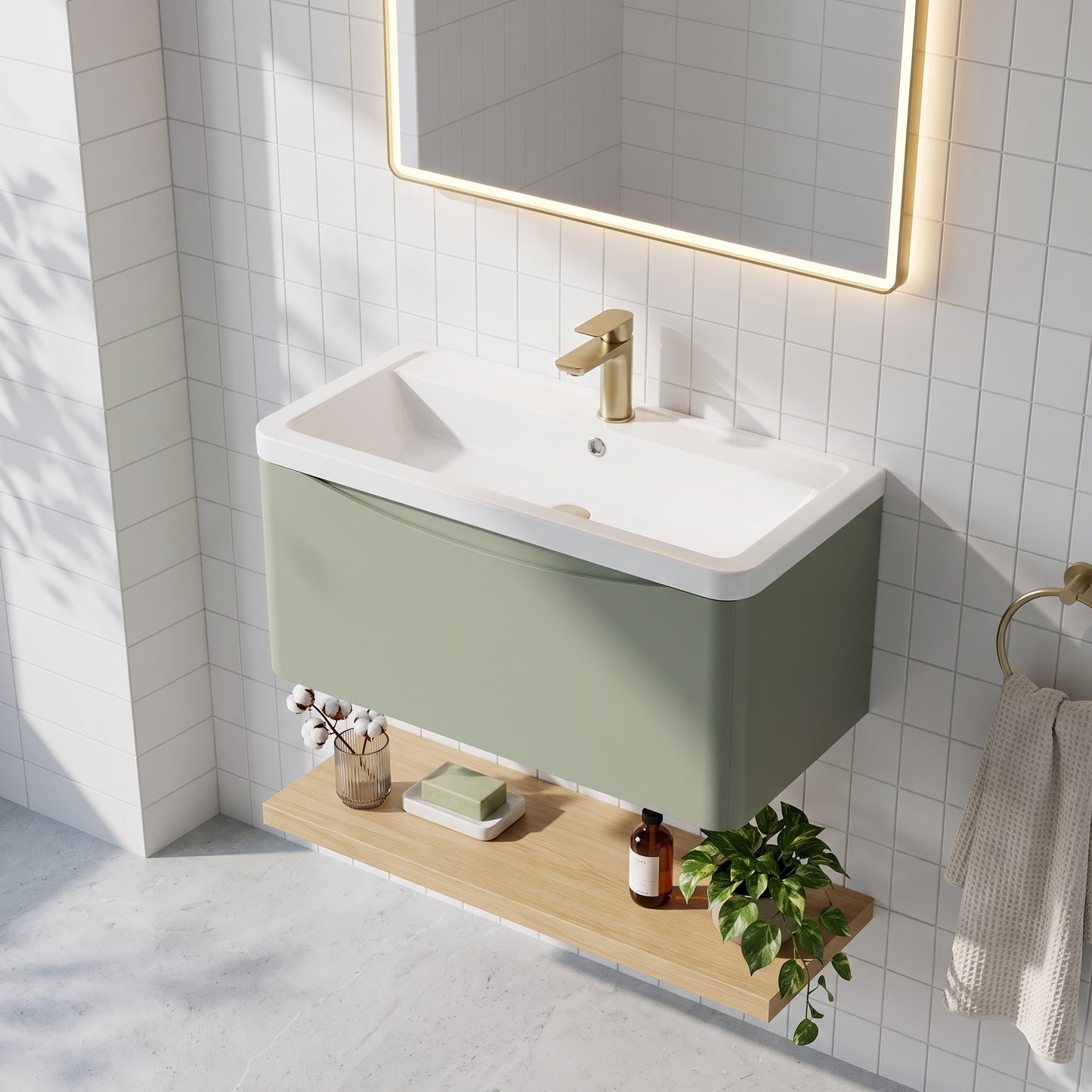 Fairford Eclipse 800mm 1 Drawer Satin Green Wall Hung Vanity Unit