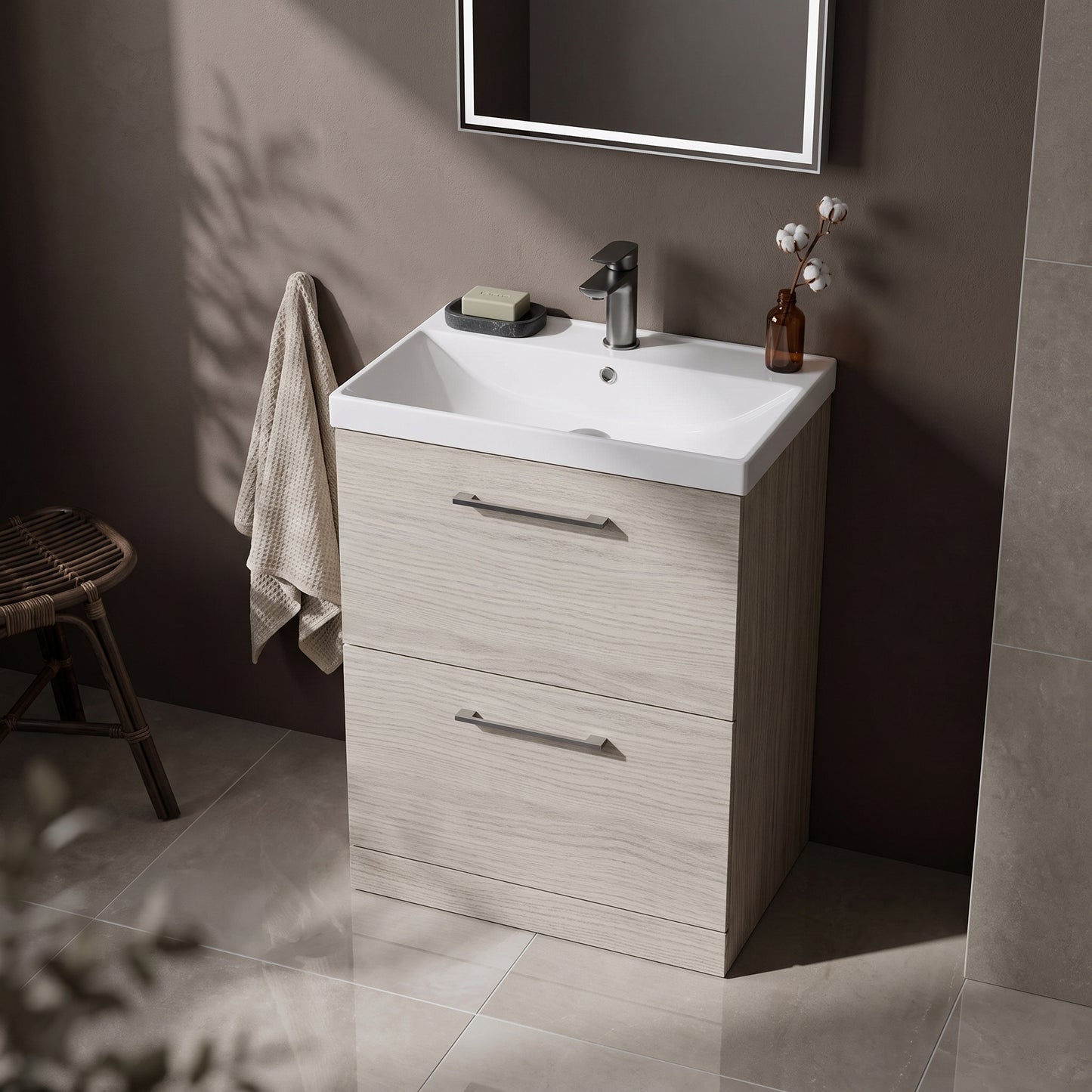 Fairford Aspri 600mm Solace Oak 2-Drawer Floorstanding Vanity Unit