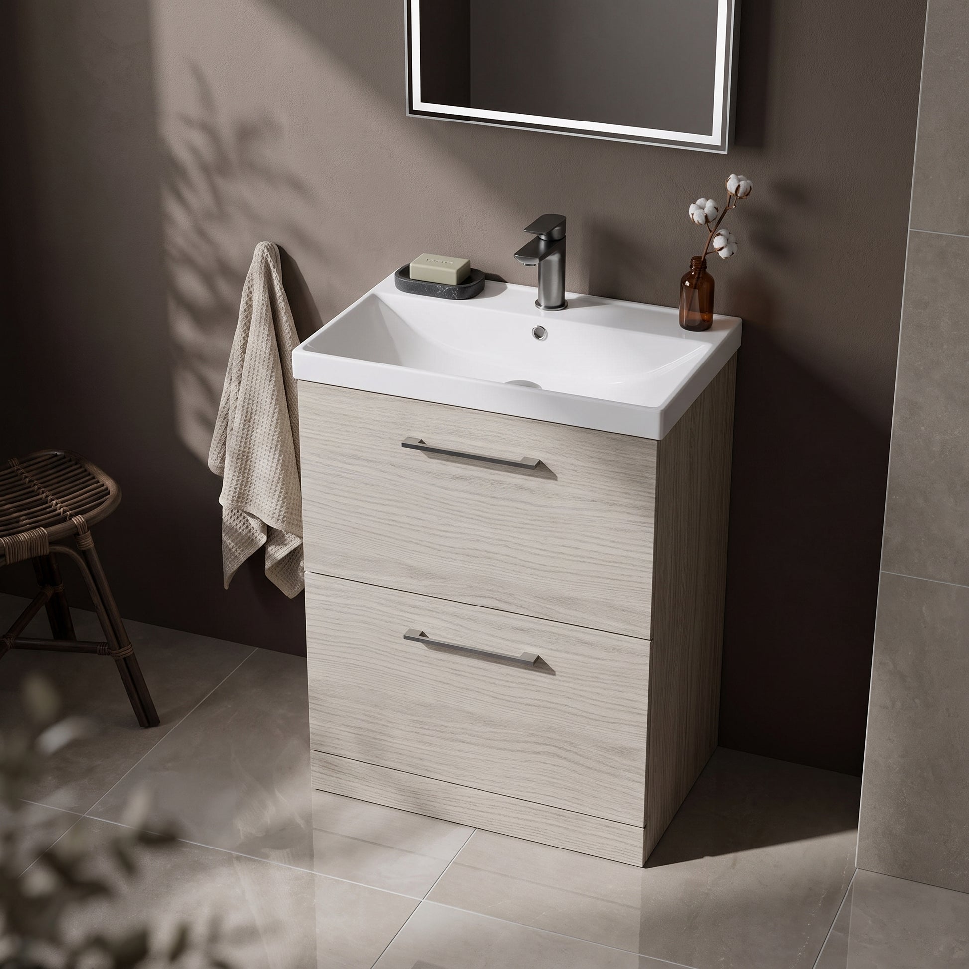 Fairford Aspri 600mm Solace Oak 2-Drawer Floorstanding Vanity Unit