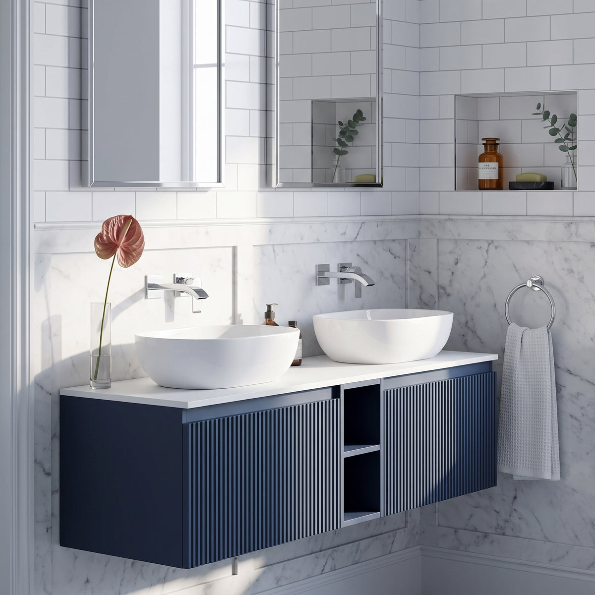 Fairford Sophia Midnight Shadow 1400mm Wall Hung Double Vanity Unit with Central Storage and Worktop