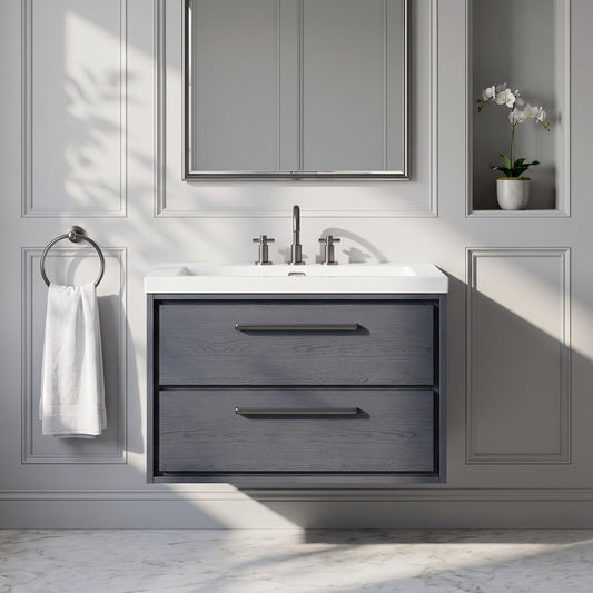 Fairford Tisse Graphite Grey Woodgrain 800mm 2 Drawer Wall Hung Vanity Unit with 3 Tap Hole Basin