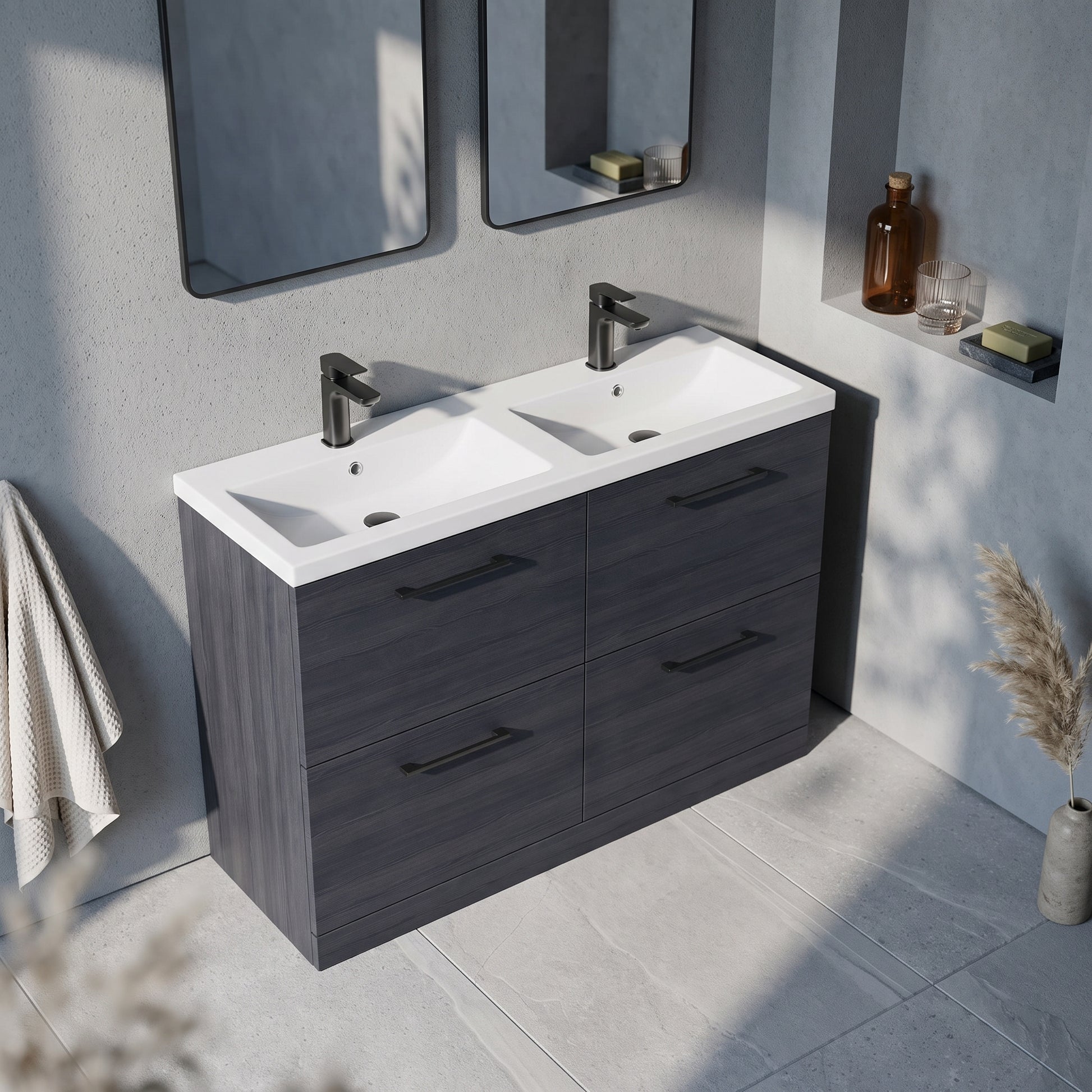 Fairford Aspri Black Woodgrain 1200mm Floorstanding Double Vanity Unit with 4 Drawers and Basin