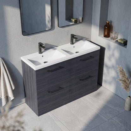 Fairford Aspri Black Woodgrain 1200mm Floorstanding Double Vanity Unit with 4 Drawers and Basin