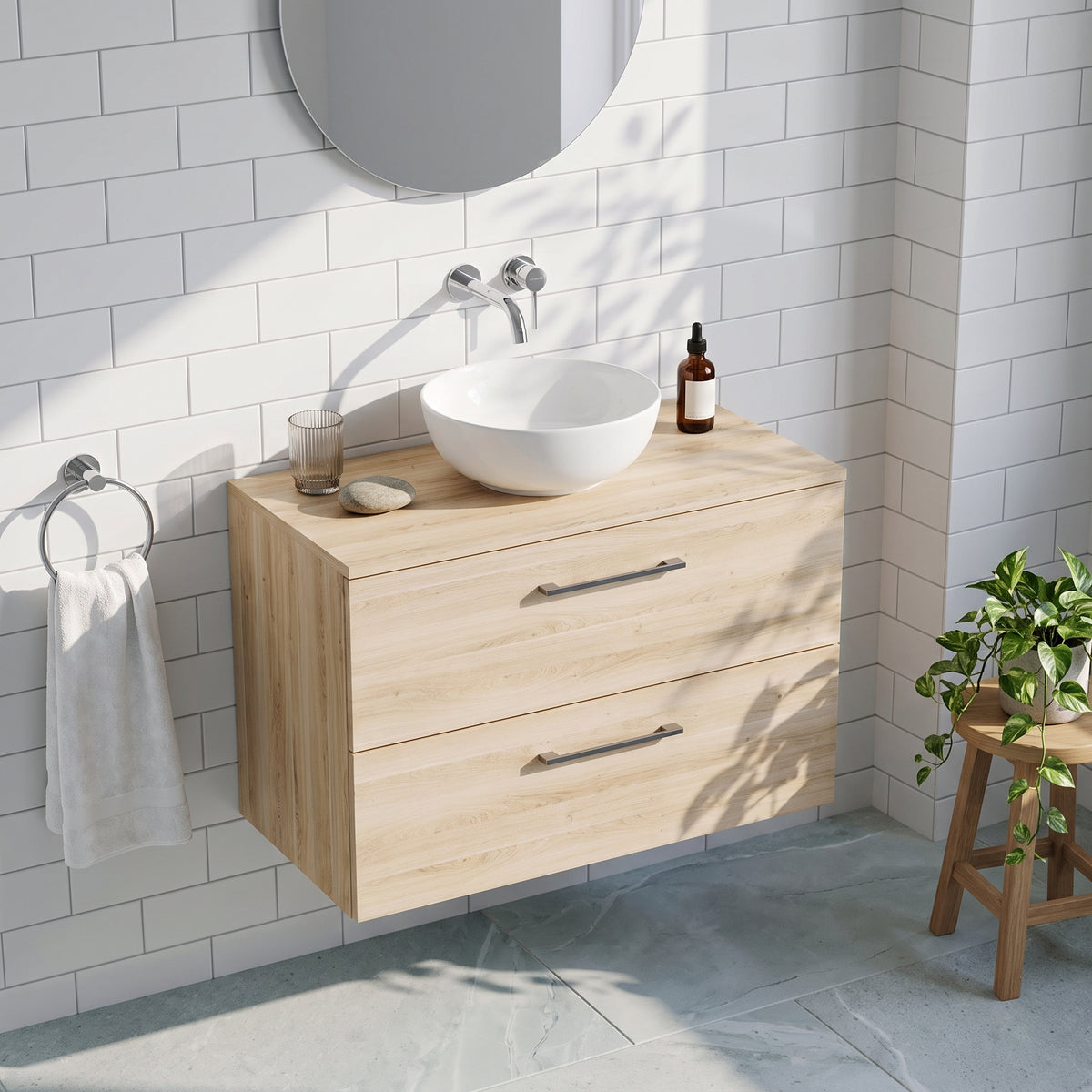 Fairford Aspri Bleached Oak 800mm 2 Drawer Wall Hung Vanity Unit with Worktop