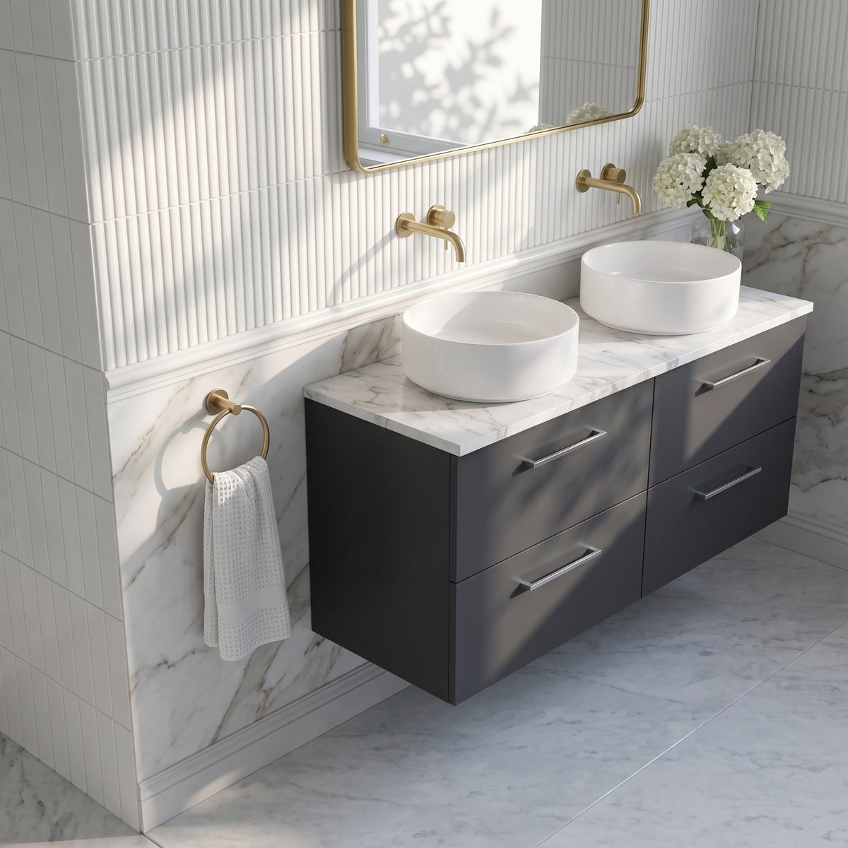 Fairford Aspri Soft Black 1200mm 4 Drawer Wall Hung Vanity Unit with Worktop