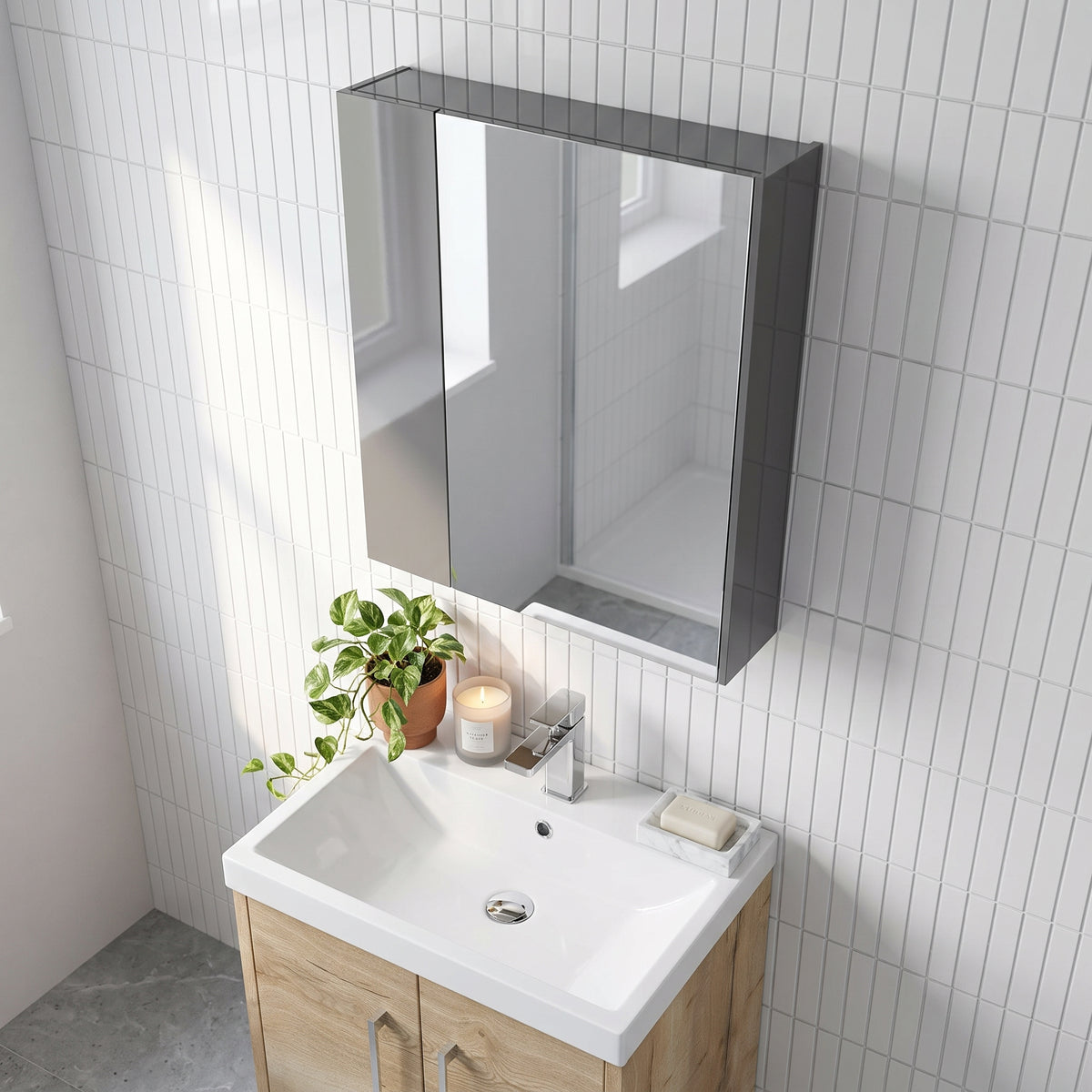 Fairford Union 600mm Slimline Grey Gloss Single Door Mirror Unit