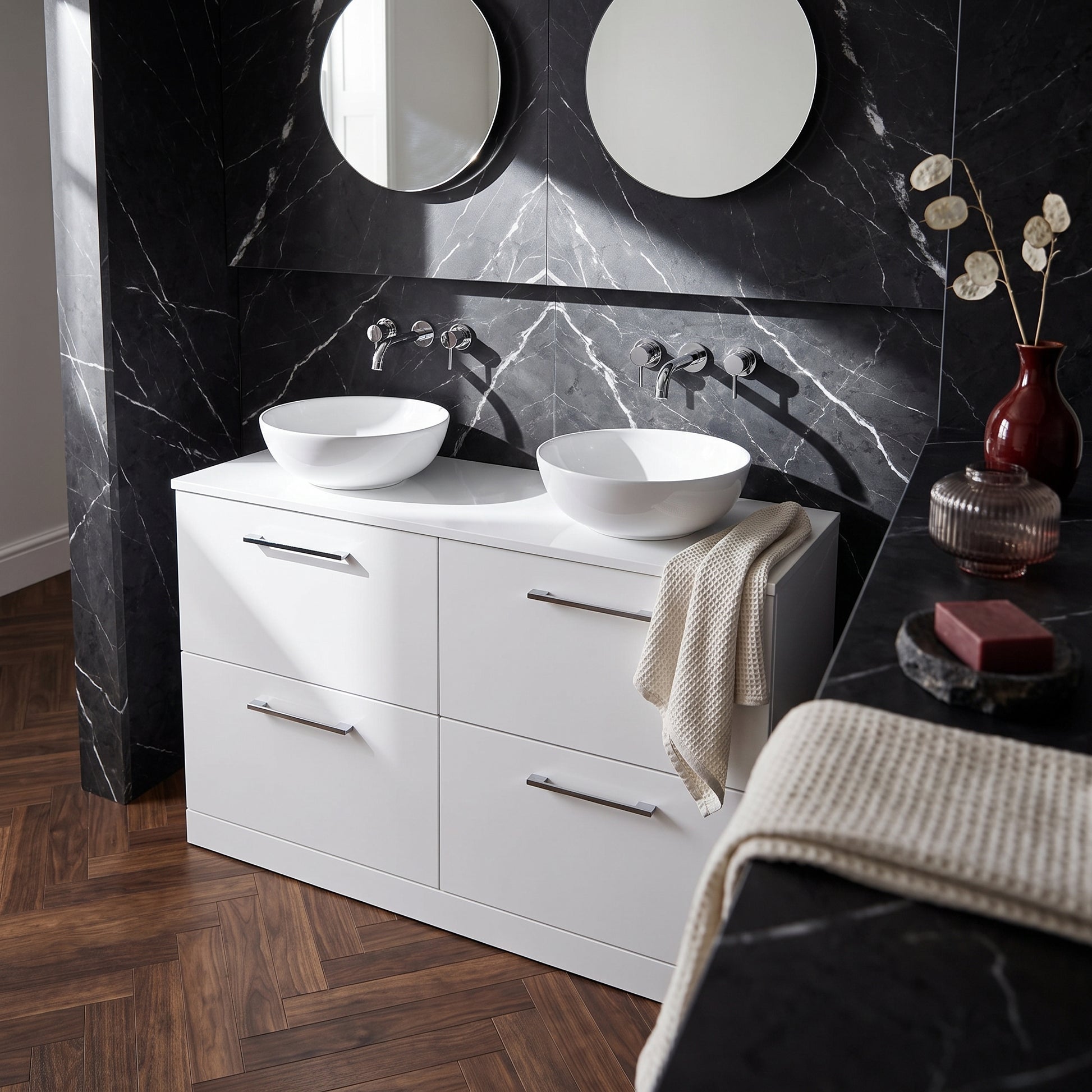 Fairford Aspri Gloss White 1200mm 4 Drawer Floorstanding Vanity Unit with Worktop