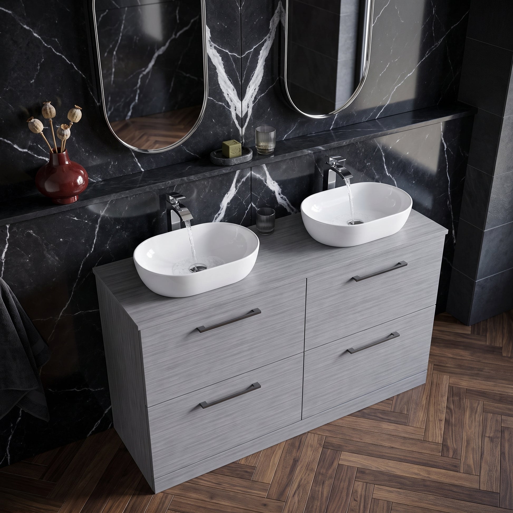 Fairford Aspri Grey Woodgrain 1200mm 4 Drawer Floorstanding Vanity Unit with Worktop