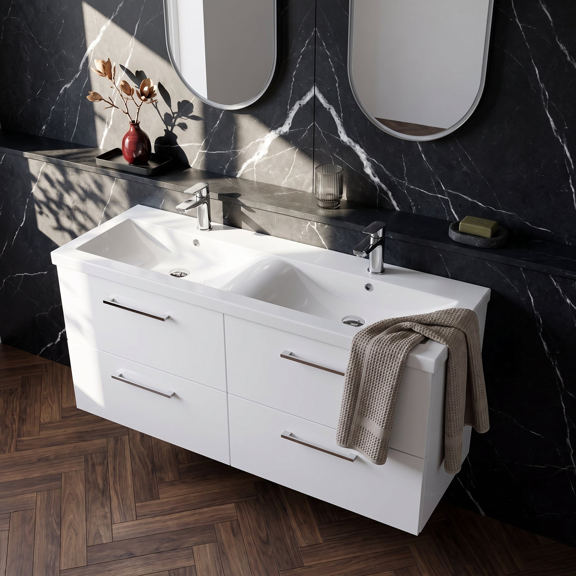 Fairford Aspri Gloss White 1200mm Floorstanding Double Vanity Unit with 4 Drawers and Basin