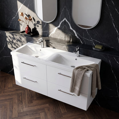 Fairford Aspri Gloss White 1200mm Floorstanding Double Vanity Unit with 4 Drawers and Basin