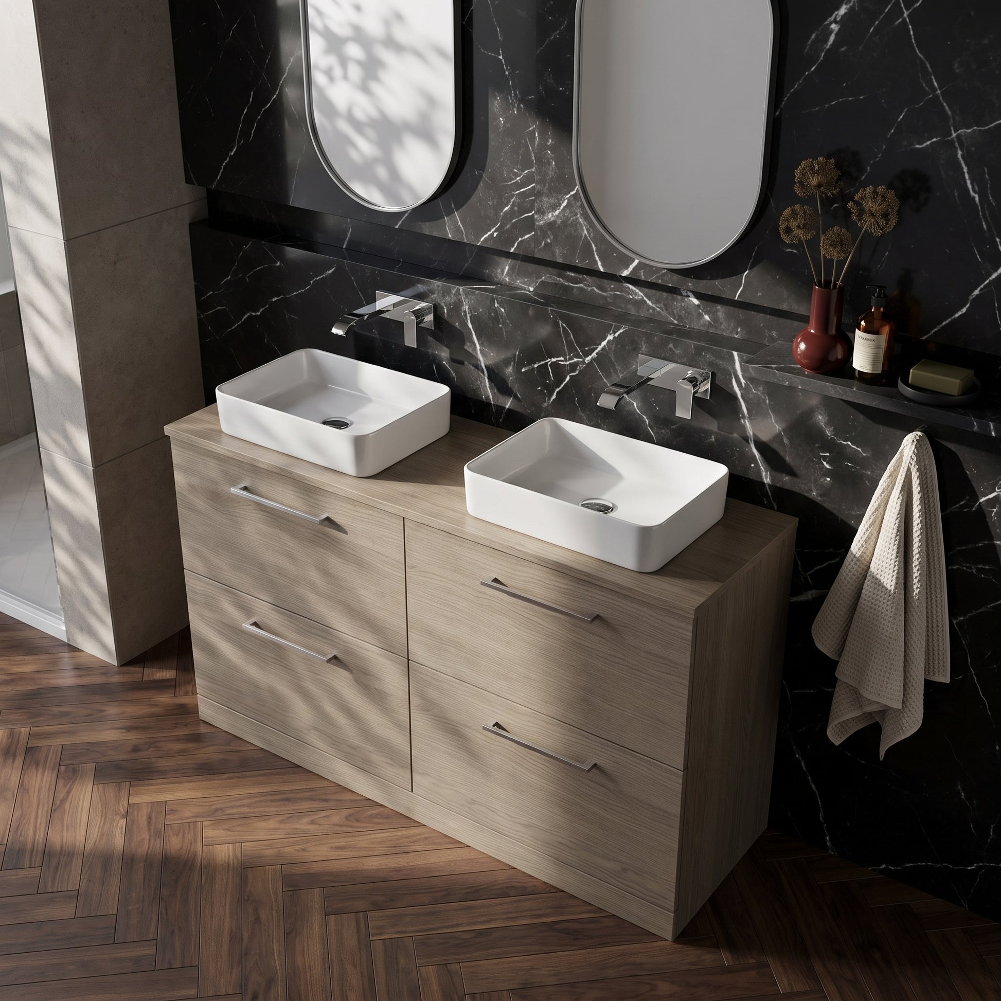 Fairford Aspri Solace Oak 1200mm 4 Drawer Floorstanding Vanity Unit with Worktop