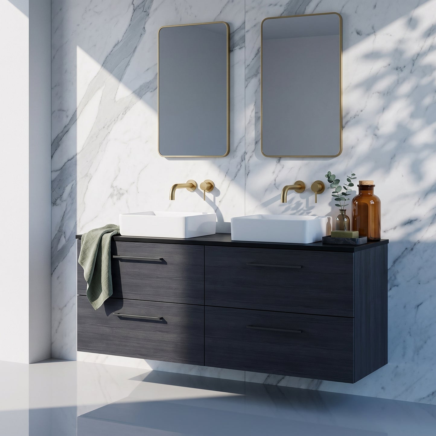 Fairford Aspri Black Woodgrain 1200mm 4 Drawer Wall Hung Vanity Unit with Worktop