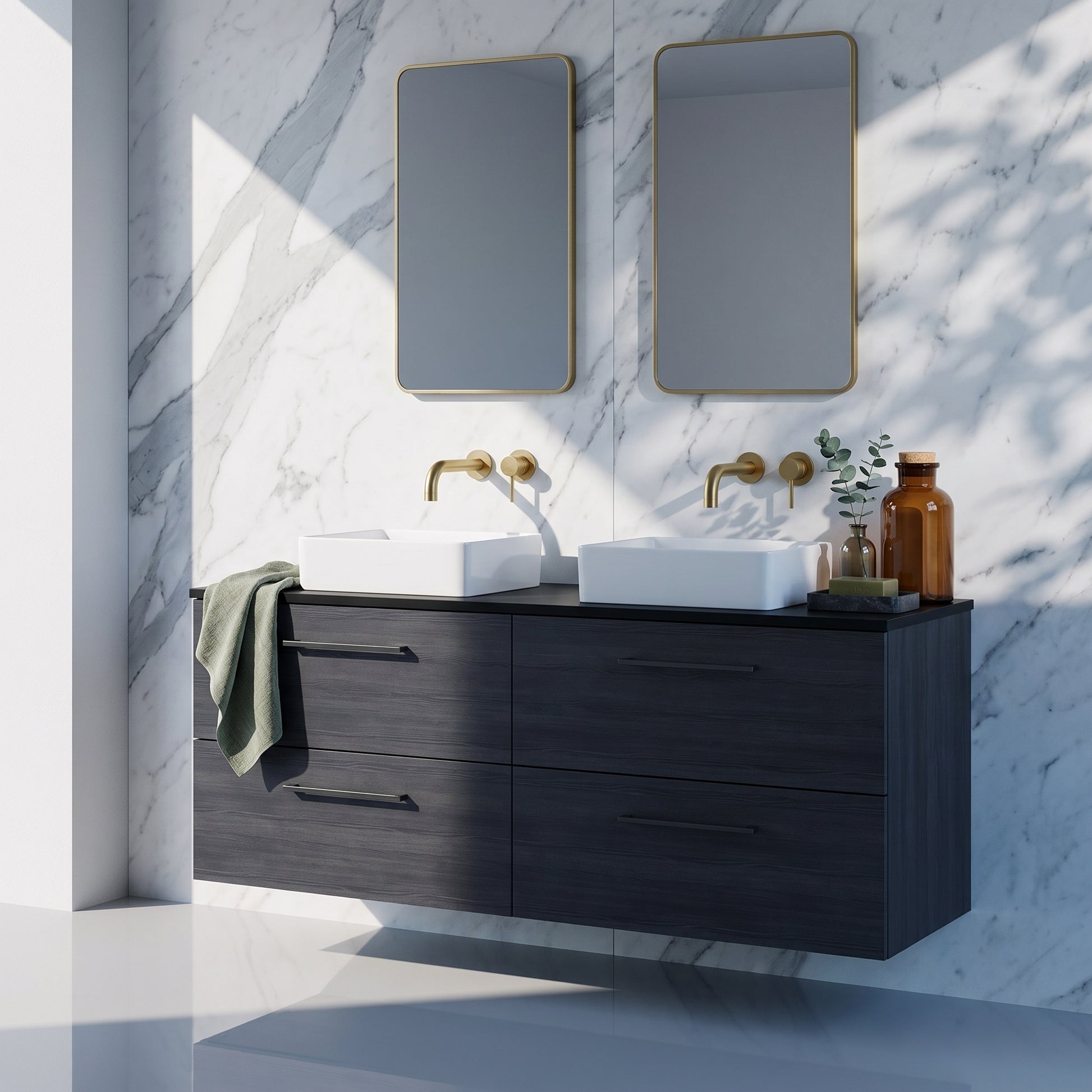 Fairford Aspri Black Woodgrain 1200mm 4 Drawer Wall Hung Vanity Unit with Worktop