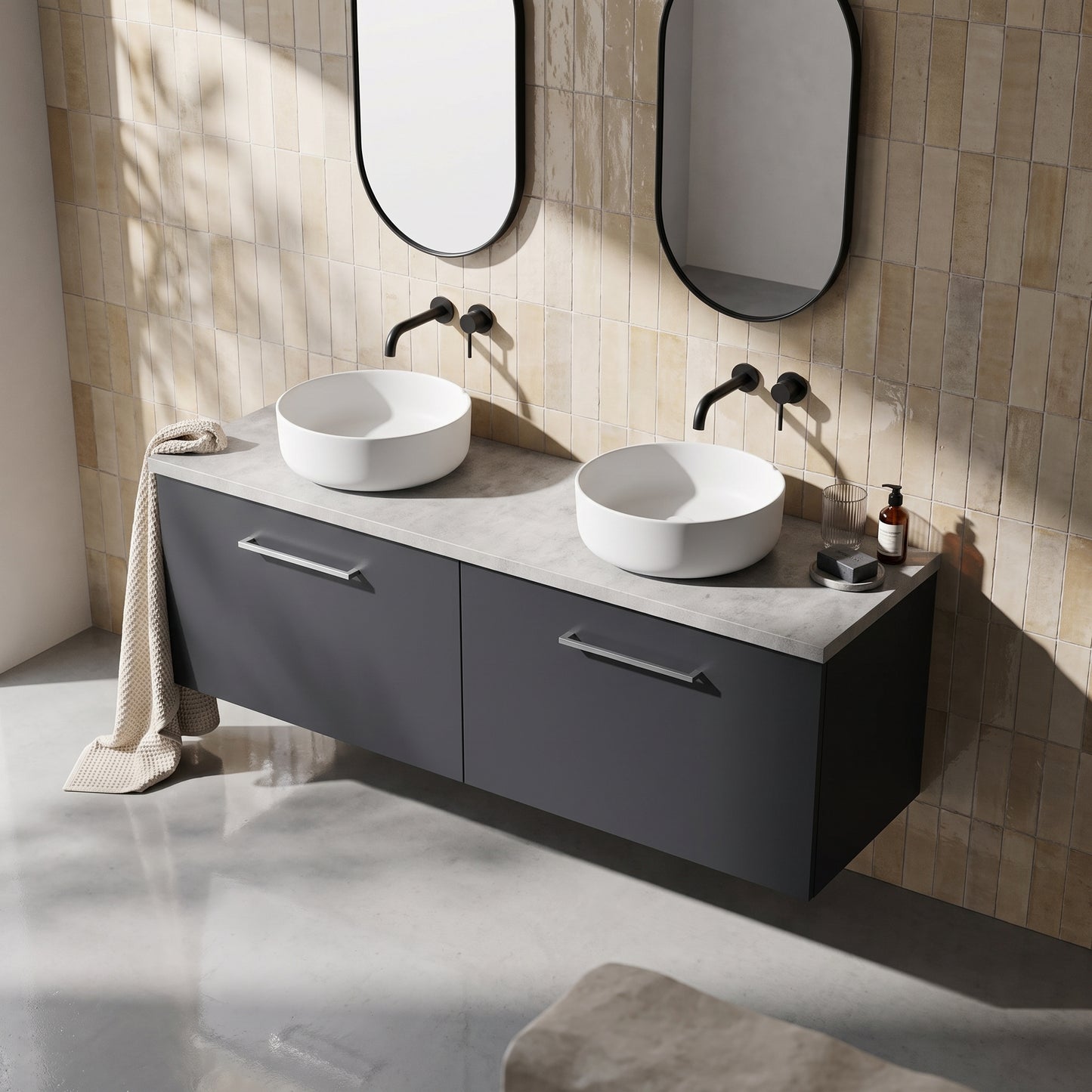 Fairford Aspri Soft Black 1200mm 4 Door Floorstanding Vanity Unit with Worktop