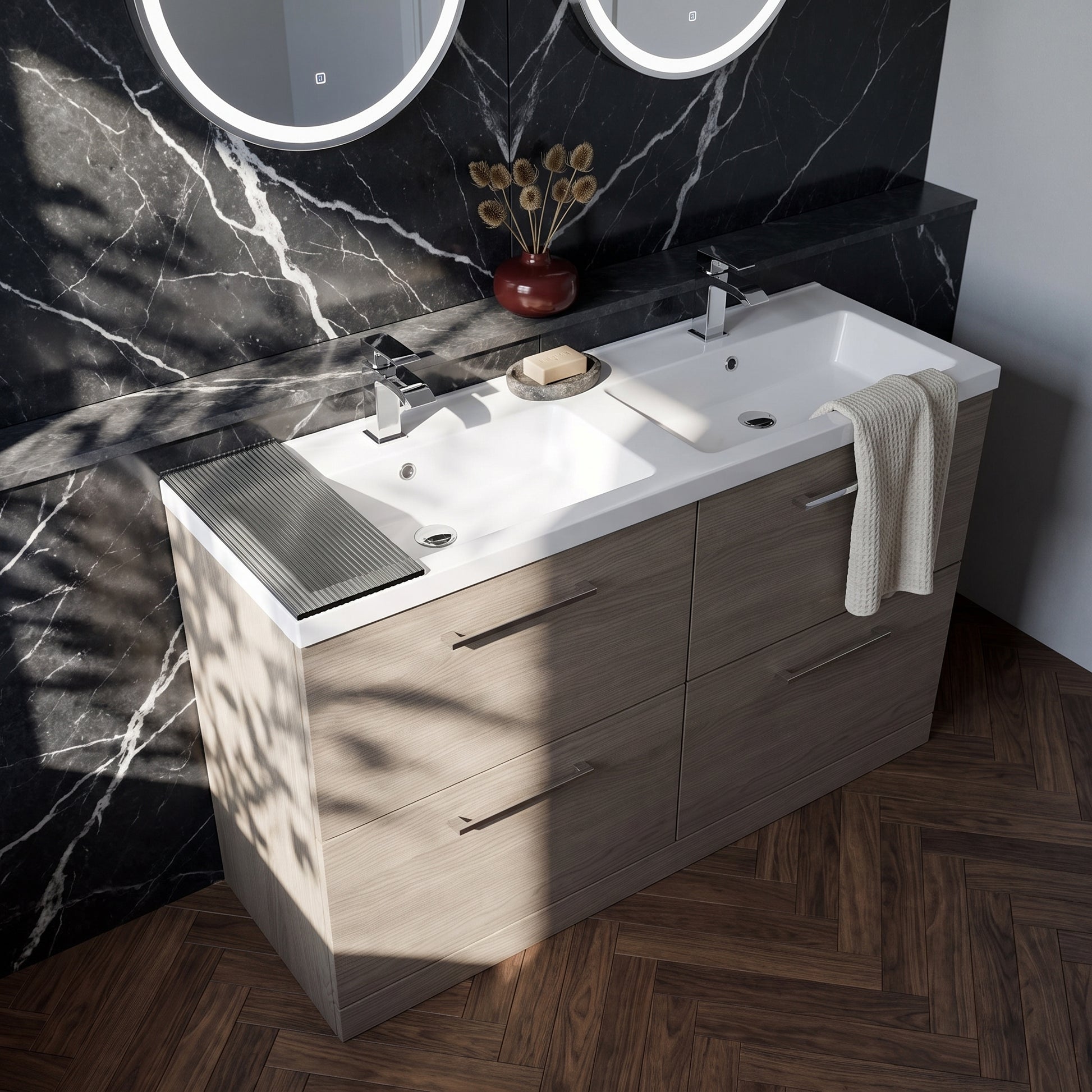 Fairford Aspri Solace Oak 1200mm Floorstanding Double Vanity Unit with 4 Drawers and Basin