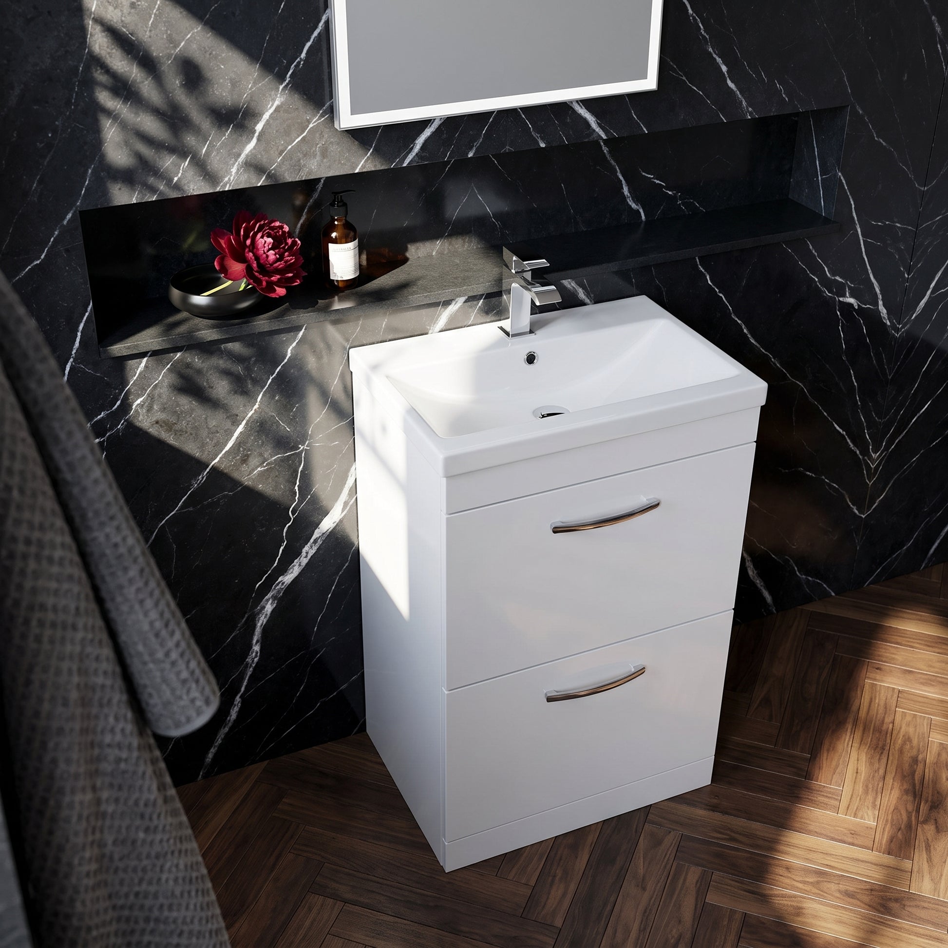 Fairford Carnation 600mm Gloss White Floor Standing 2 Drawer Vanity Unit, with Basin
