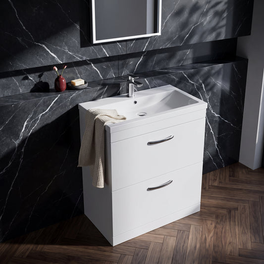 Fairford Carnation 800mm Gloss White Floor Standing 2 Drawer Vanity Unit, with Basin