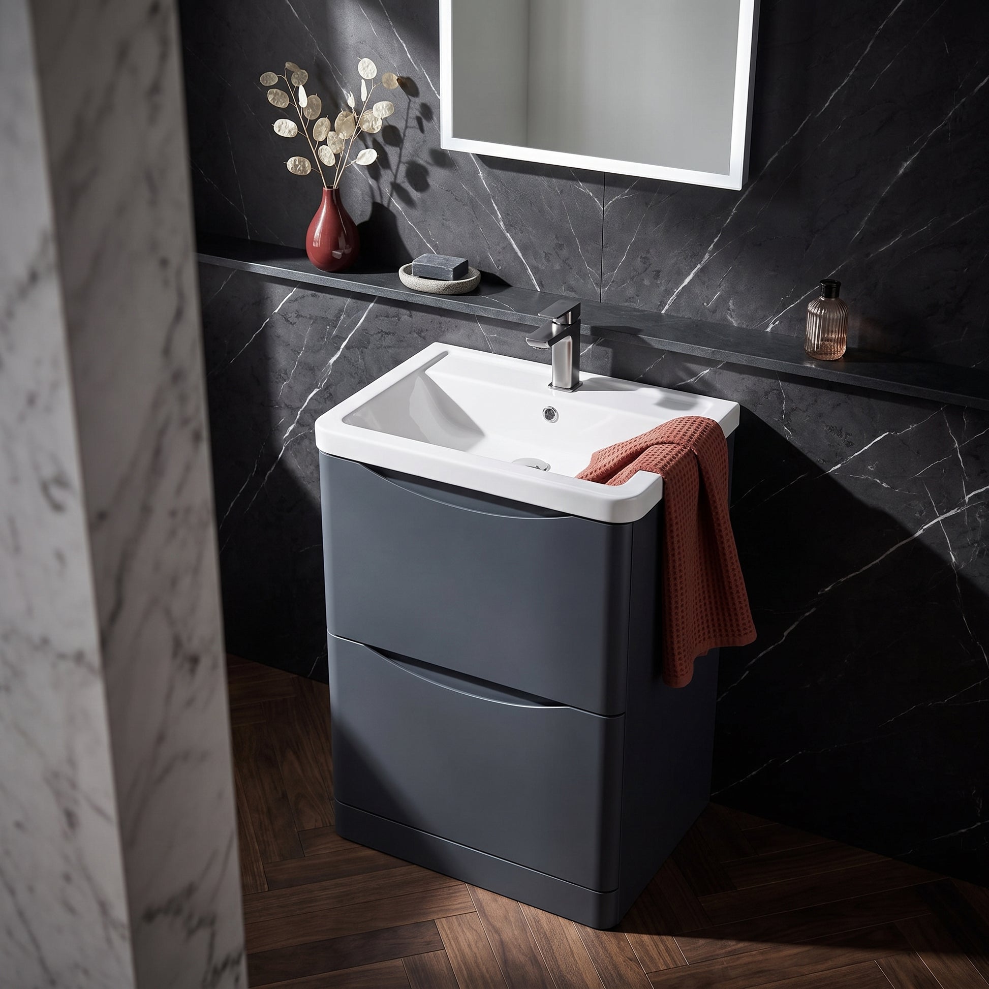 Fairford Eclipse 600mm 2 Drawer Satin Anthracite Floor Standing Vanity Unit