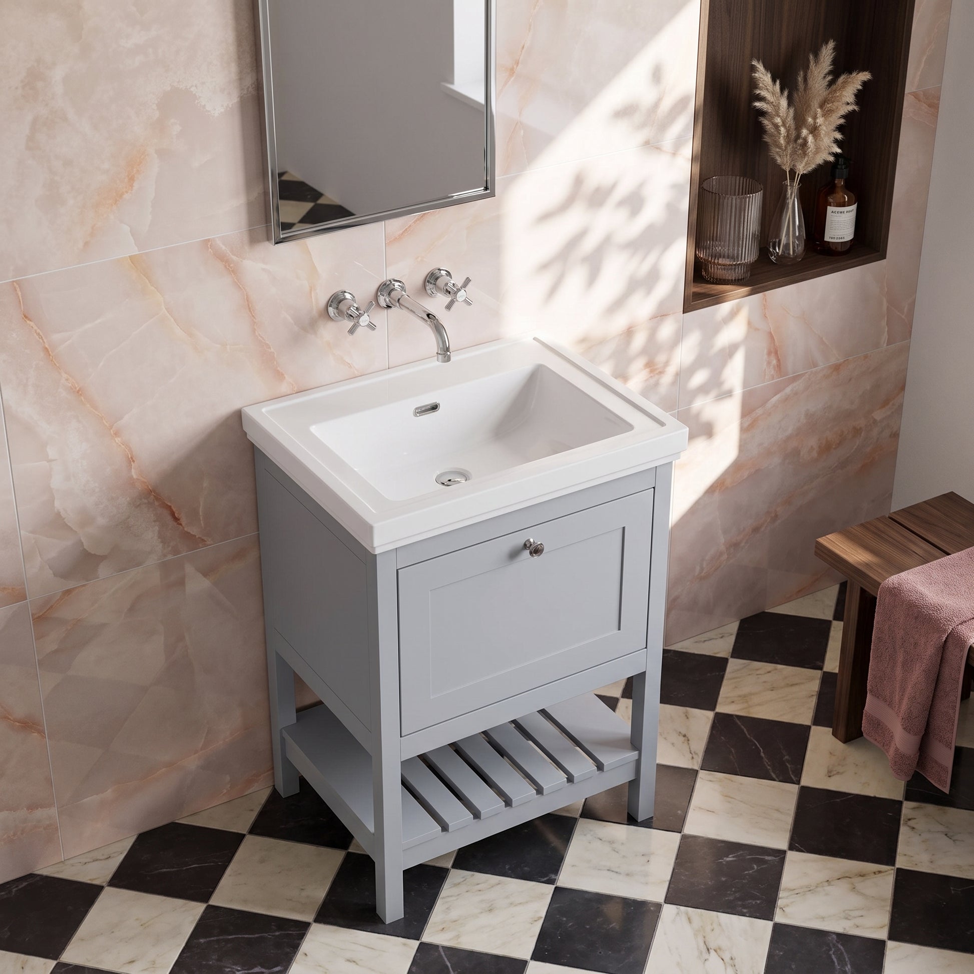 Fairford Juliette Satin Grey 600mm 1 Drawer Floorstanding Vanity Unit with 0 Tap Hole Basin