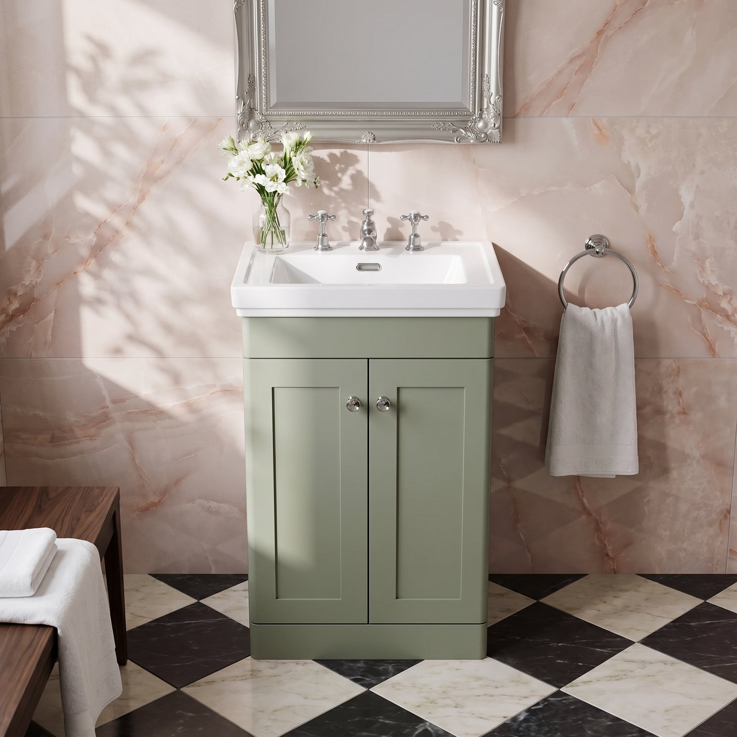 Fairford Laurel 500mm Floor Standing Satin Green Vanity Unit - 3 Tap Hole