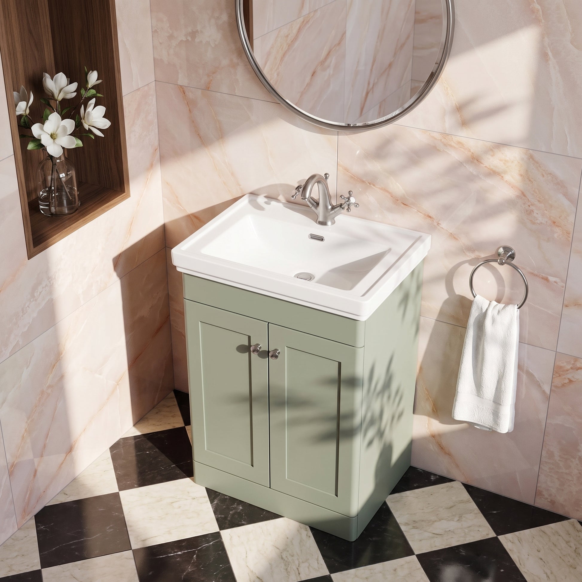 Fairford Laurel 600mm Floor Standing Satin Green Vanity Unit - 1 Tap Hole