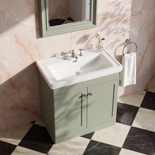 Fairford Laurel 800mm Floor Standing Satin Green Vanity Unit - 3 Tap Hole