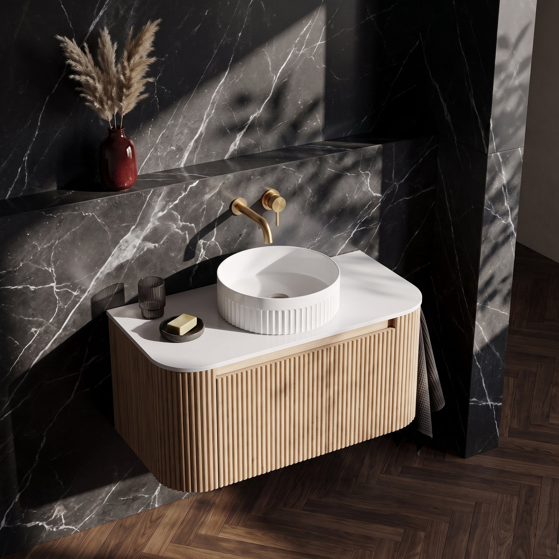 Fairford Sophia Country Oak 870mm Basin & Vanity Unit Pack — Vessel Basin, Curved Vanity Unit & Worktop